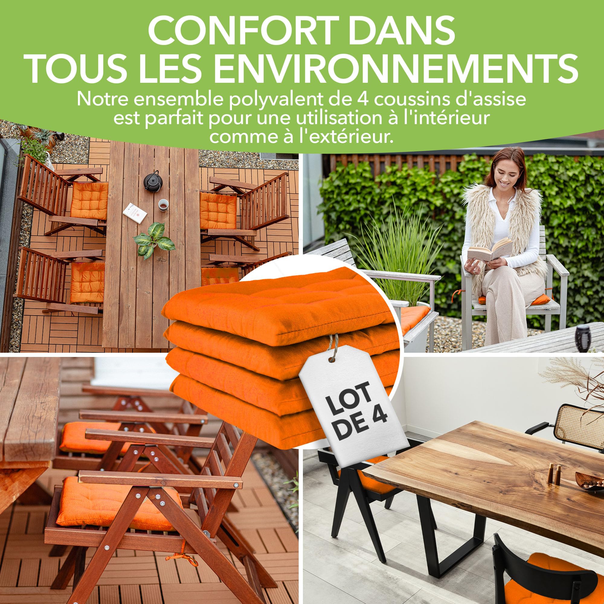 Gräfenstayn Jeu de 4 Coussins de Chaise 40x40x3 cm - Coussin d’extérieur pour Jardin et Salon de Jardin - Galette de Chaise extérieur avec Sangles - Housse Polycoton - Certifié Oeko-Tex Standard 100