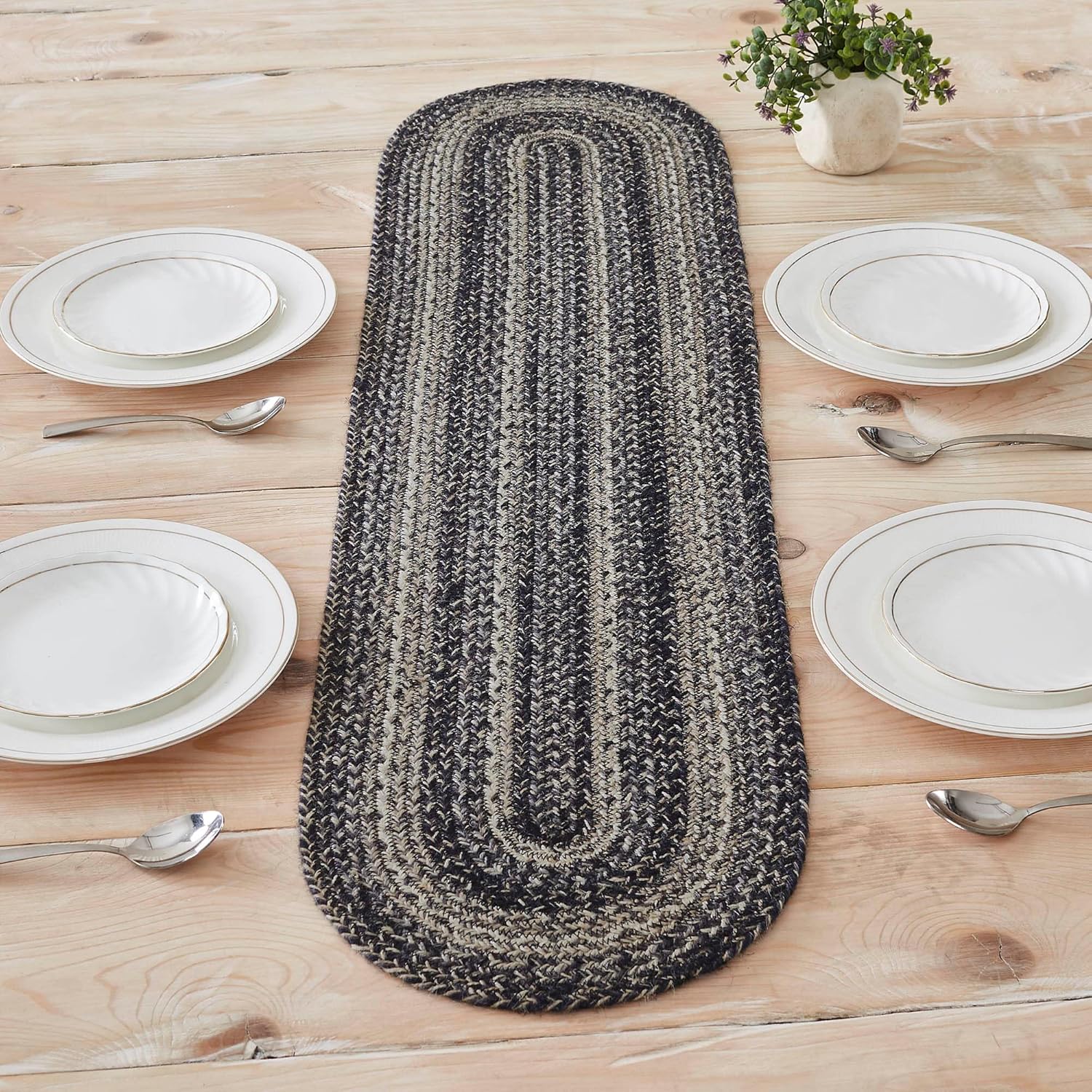 VHC Brands Sawyer Mill Black White Jute Oval Runner 12x48