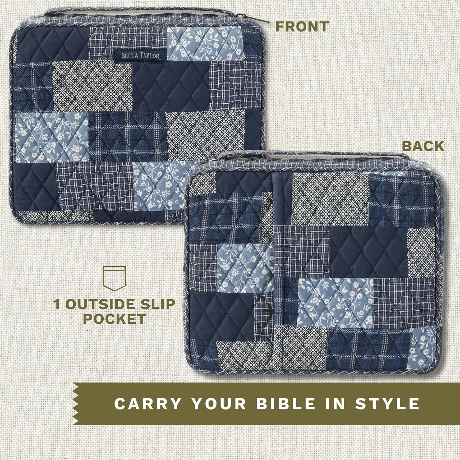 Bella Taylor Quilted Bible Cover for Women, Cotton Fabric Bible Case for Medium and Large Study Bibles, Heritage Blue Patch