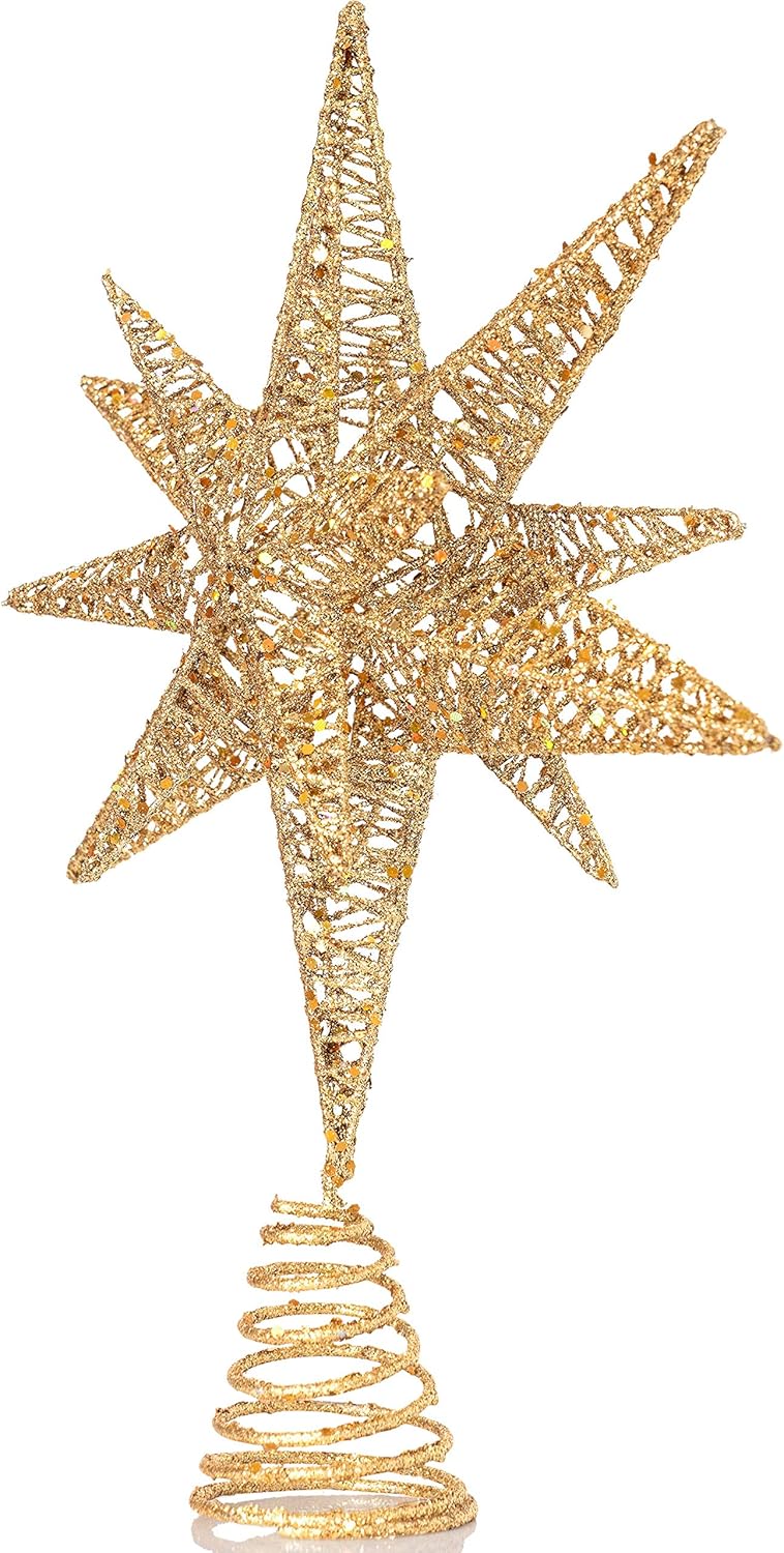 Ornativity Gold Star Tree Topper – Christmas Gold 3D Glitter Star Ornament Treetop Xmas Decor Holiday Decoration for Large Tree Toppers 16"