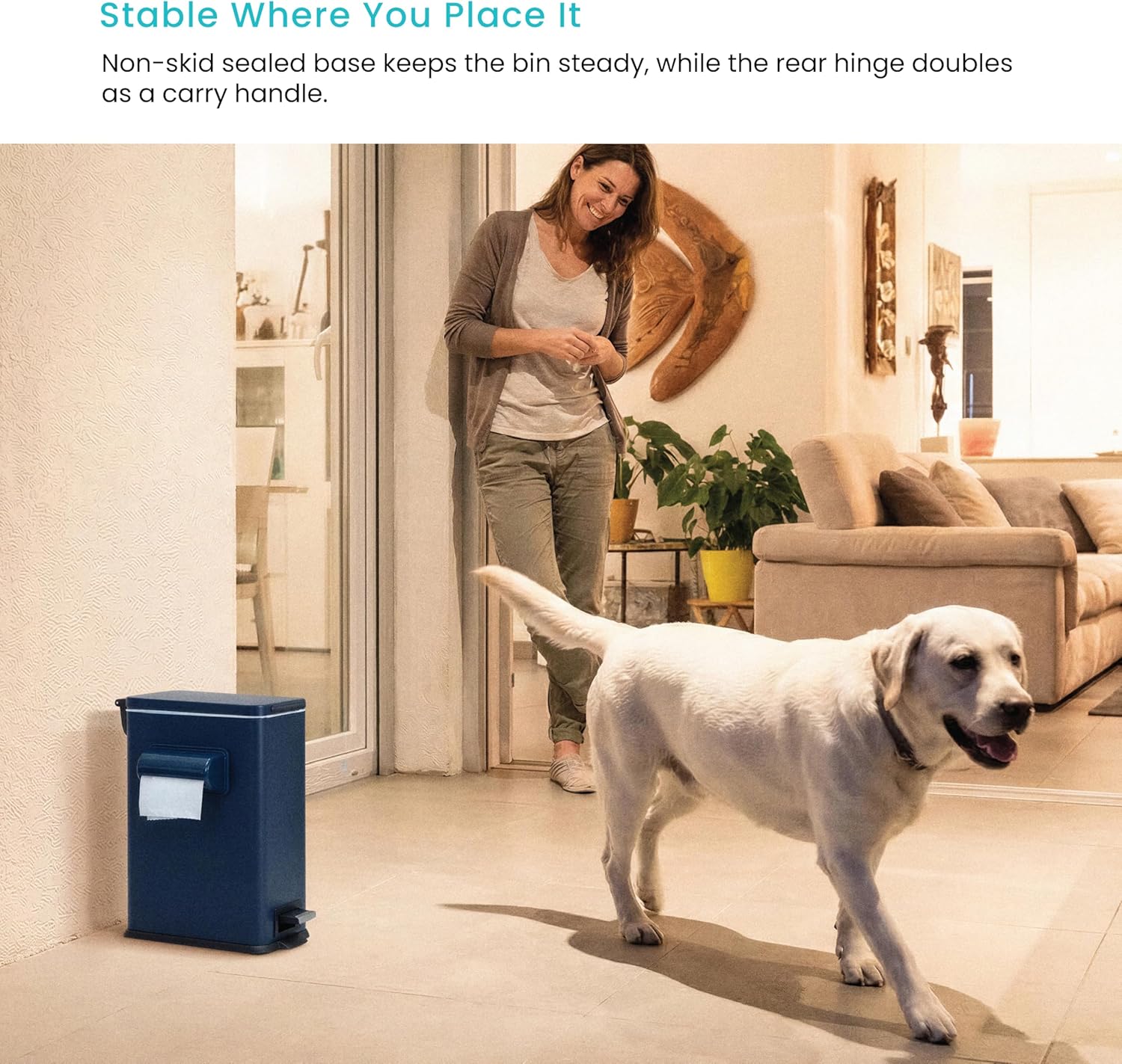 Home Zone Living 3 Gallon Slim Rectangular Dog Waste Trash Can with Bag Holder, Stainless Steel, Matte Navy