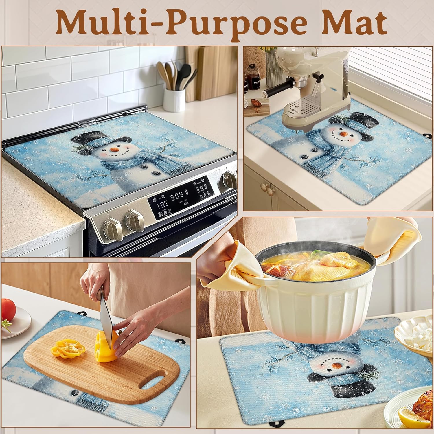 Stove Top Cover for Electric Stove,Christmas Snowman Heat Resistant Glass Cooktop Cover for Kitchen Countertop Protector Dish Drying Mat 28.5×20.5in