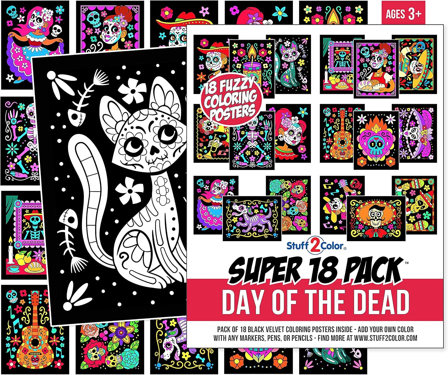 Super Pack of 18 Fuzzy Velvet Coloring Posters (Kids Themed - Day of the Dead) - Halloween and Dia de Los Muertos Coloring Crafts Activity for Toddlers, Kids & Adults - Great Family Fun Art Project image 2