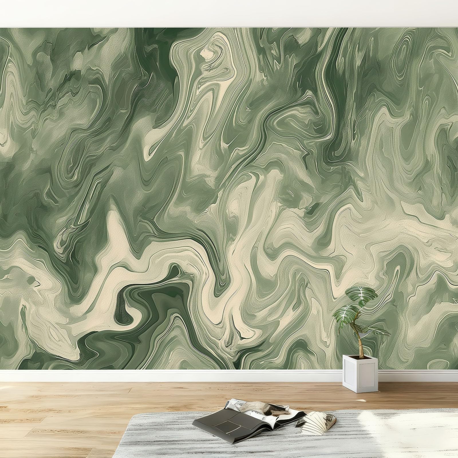 Green Non-Woven Wall Mural 300W x 210H cm, Abstract Marble Art Stripes Premium Photo Wallpaper Art Print - Bedroom Wall Mural Decoration Poster Picture Wallpaper Modern Design