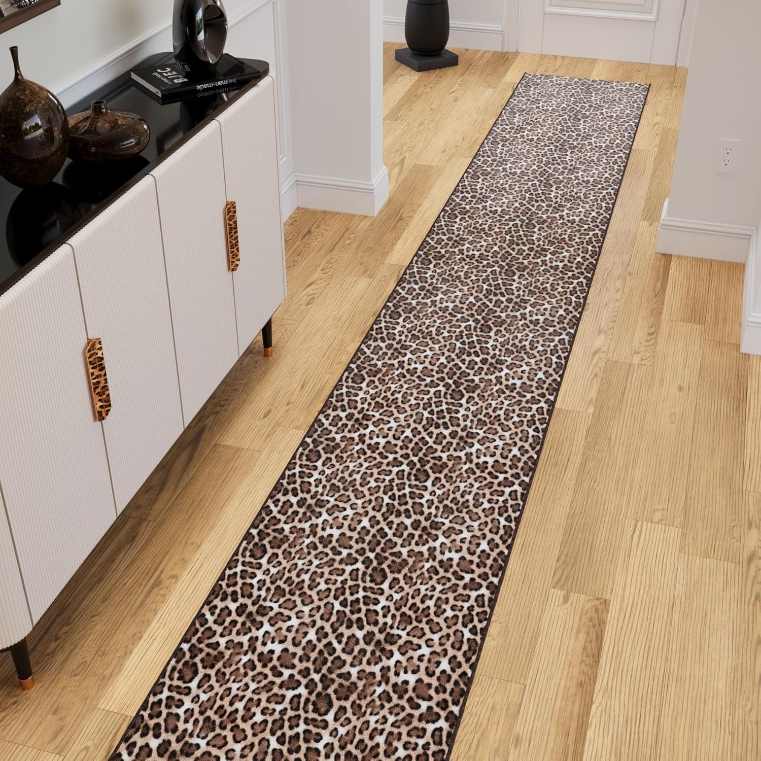 Ottomanson Mud Mat 2'7" x 4' Indoor Door Mat – Machine Washable Soft Non-Slip Rug, Quick Dry Low Pile Carpet for Kitchen, Bathroom & Entryway, Leopard Print Brown