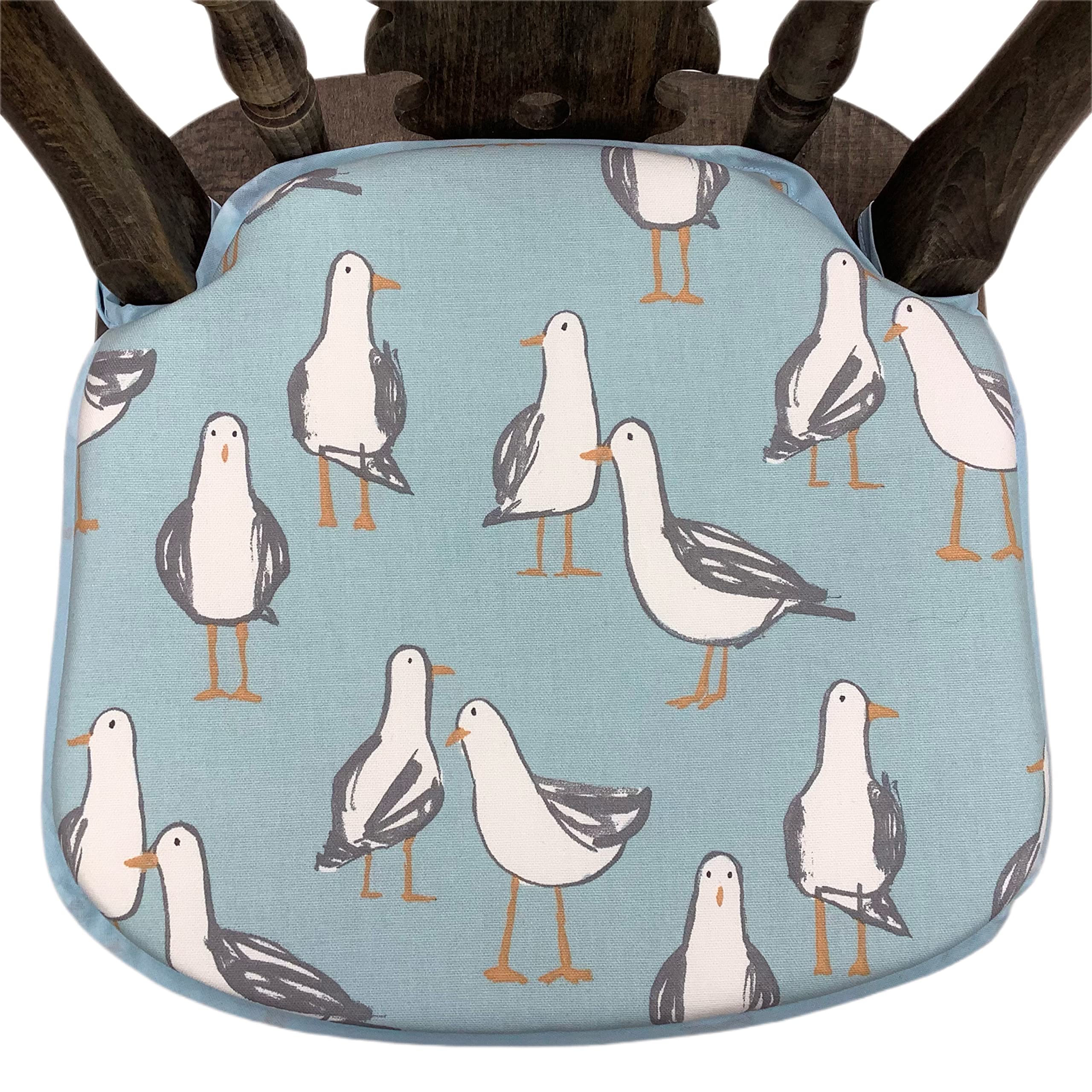 Light Blue Seagull Print Small Spindle Back Chair Seat Pads, For Seats Approx. 14” (36cms) Wide x 13” (34cms) Deep