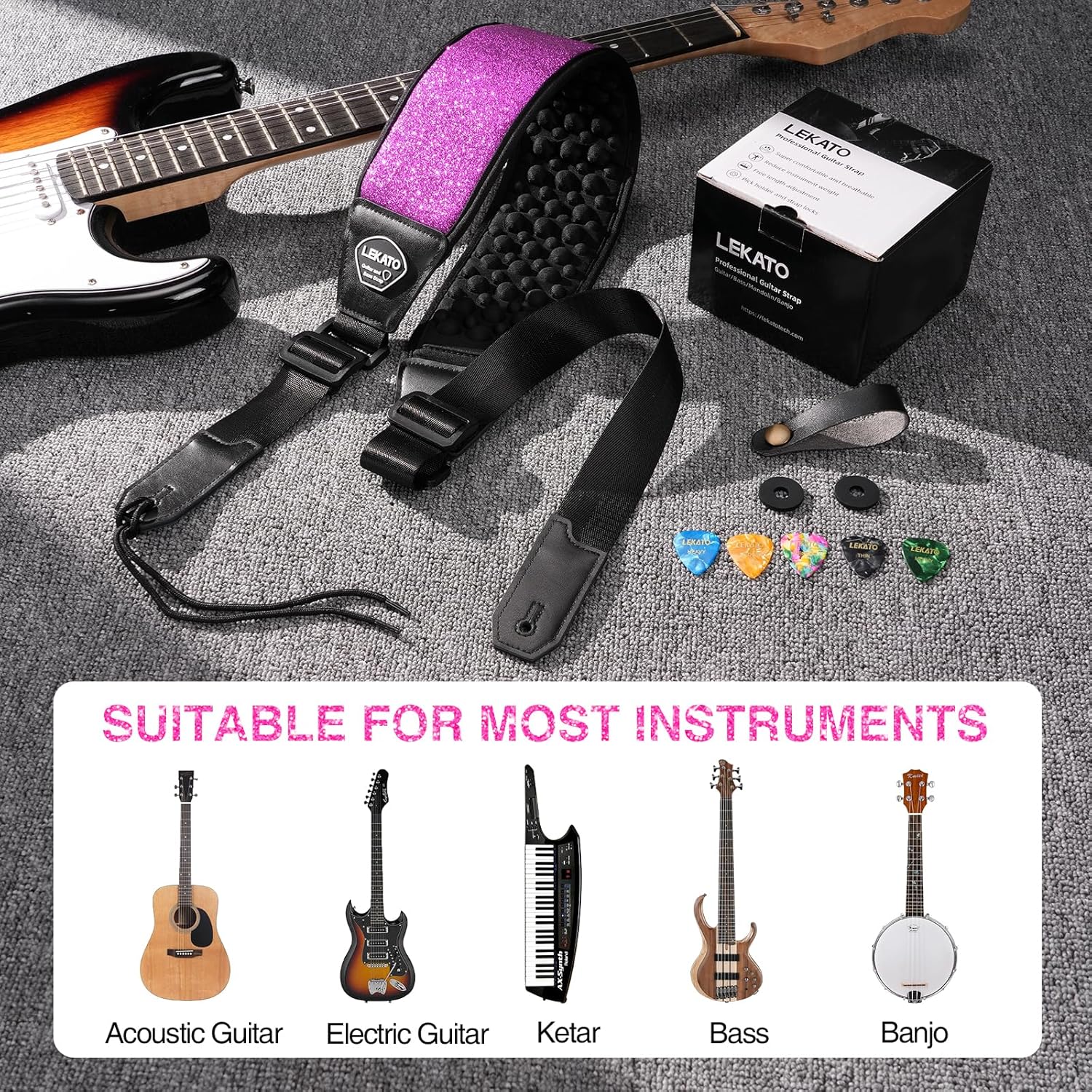 LEKATO Guitar Straps for Electric Guitar Bass, 3.5" Wide Sparkle Glitter Purple Padded with 3D Sponge Filling Bass Guitar Straps Adjustable Length from 45" to 54" with Strap Locks, Picks