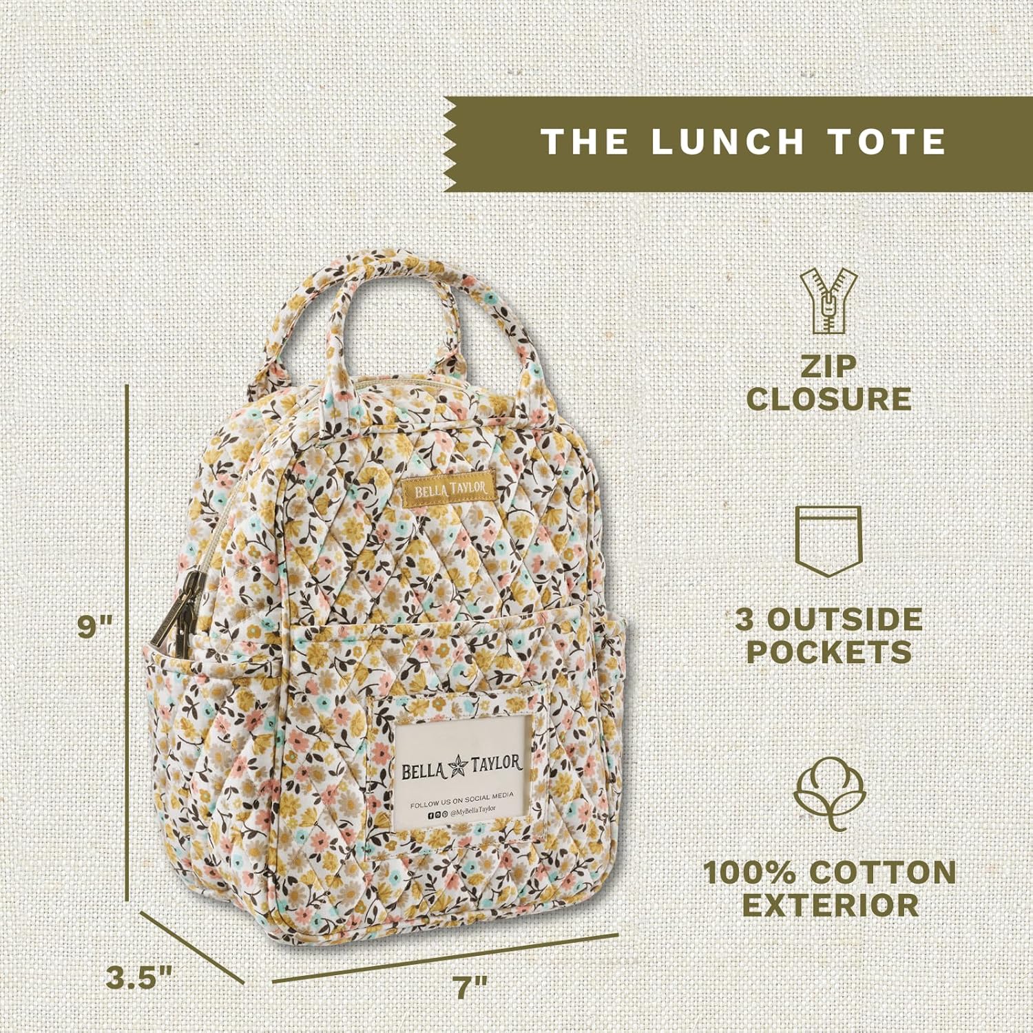 Bella Taylor Quilted Cotton Lunch Tote for Women, Foodsafe with Easy Clean PEVA Liner, Prairie Meadow