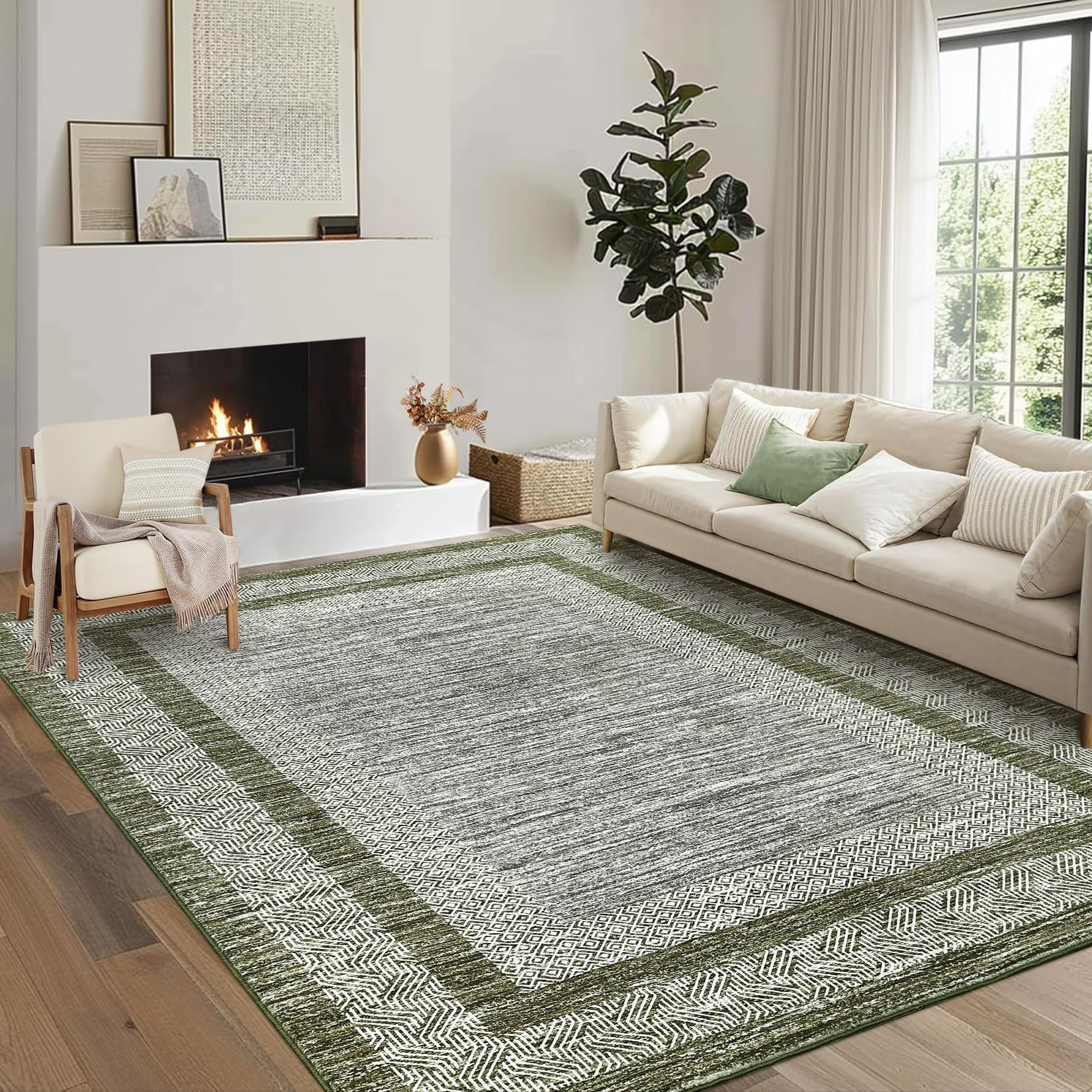 Tapis de salon vert géométrique pour une ambiance bohème et douce