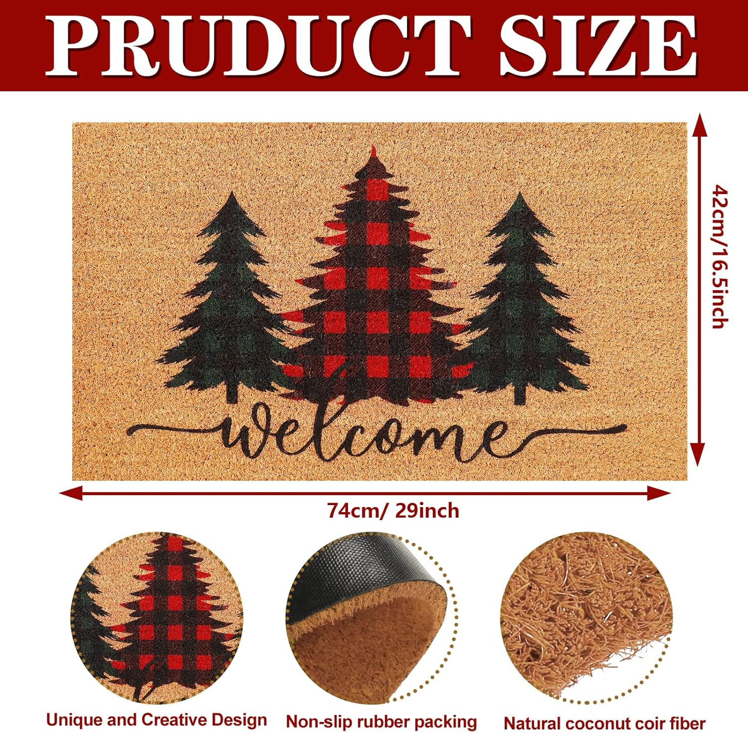 Whaline Christmas Natural Coir Doormat Buffalo Plaid Xmas Tree Welcome Floor Mat Non-Slip Entrance Door Rug for Indoor Outdoor Home Bathroom Decor, 16.5 x 29 Inch