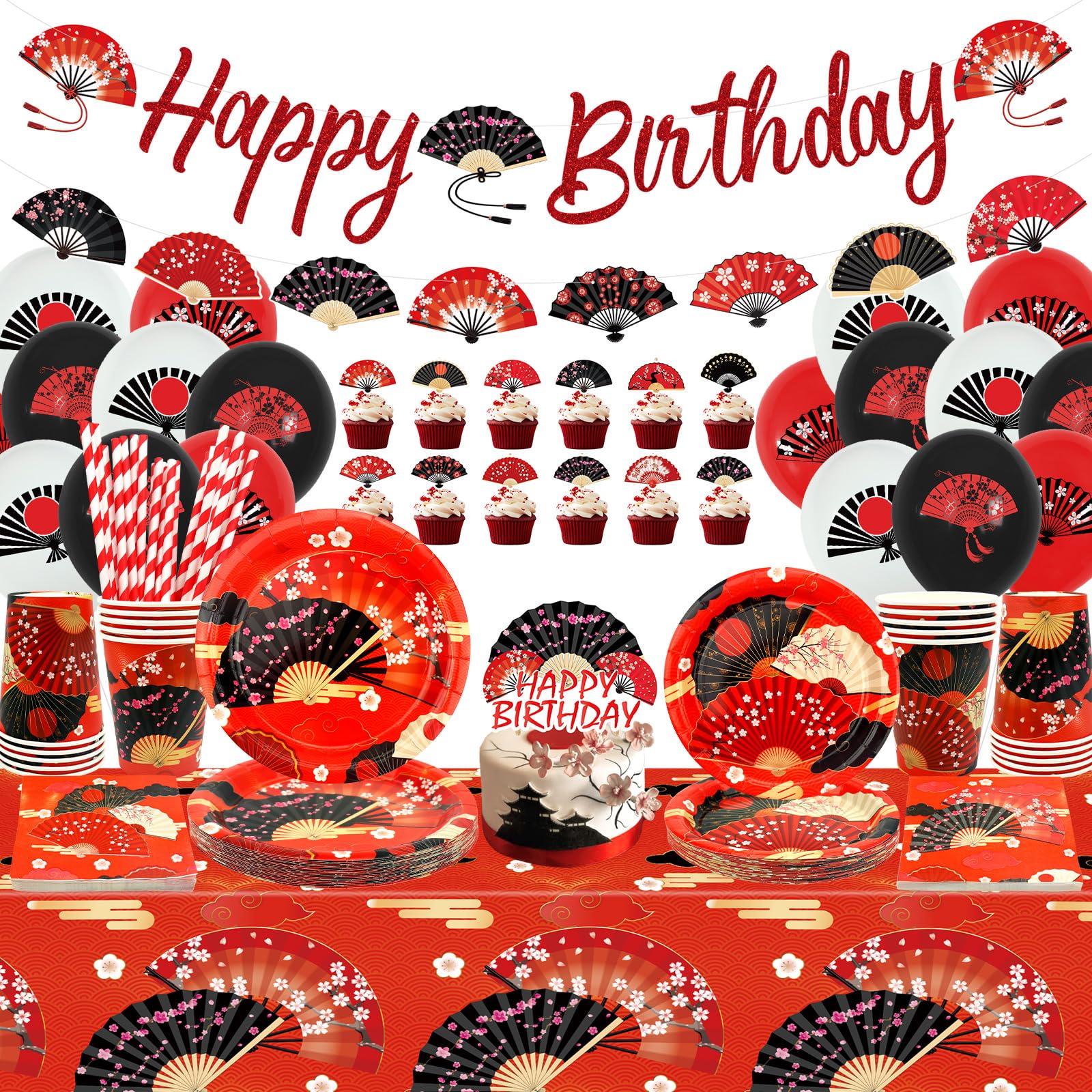 Folding Fans Party Supplies, Hibachi Japanese Party Decorations - Happy Birthday Banner, Cake Toppers, Tableware, Tablecloth and Balloons for Chinese Japanese Fans Parties, Serves 20