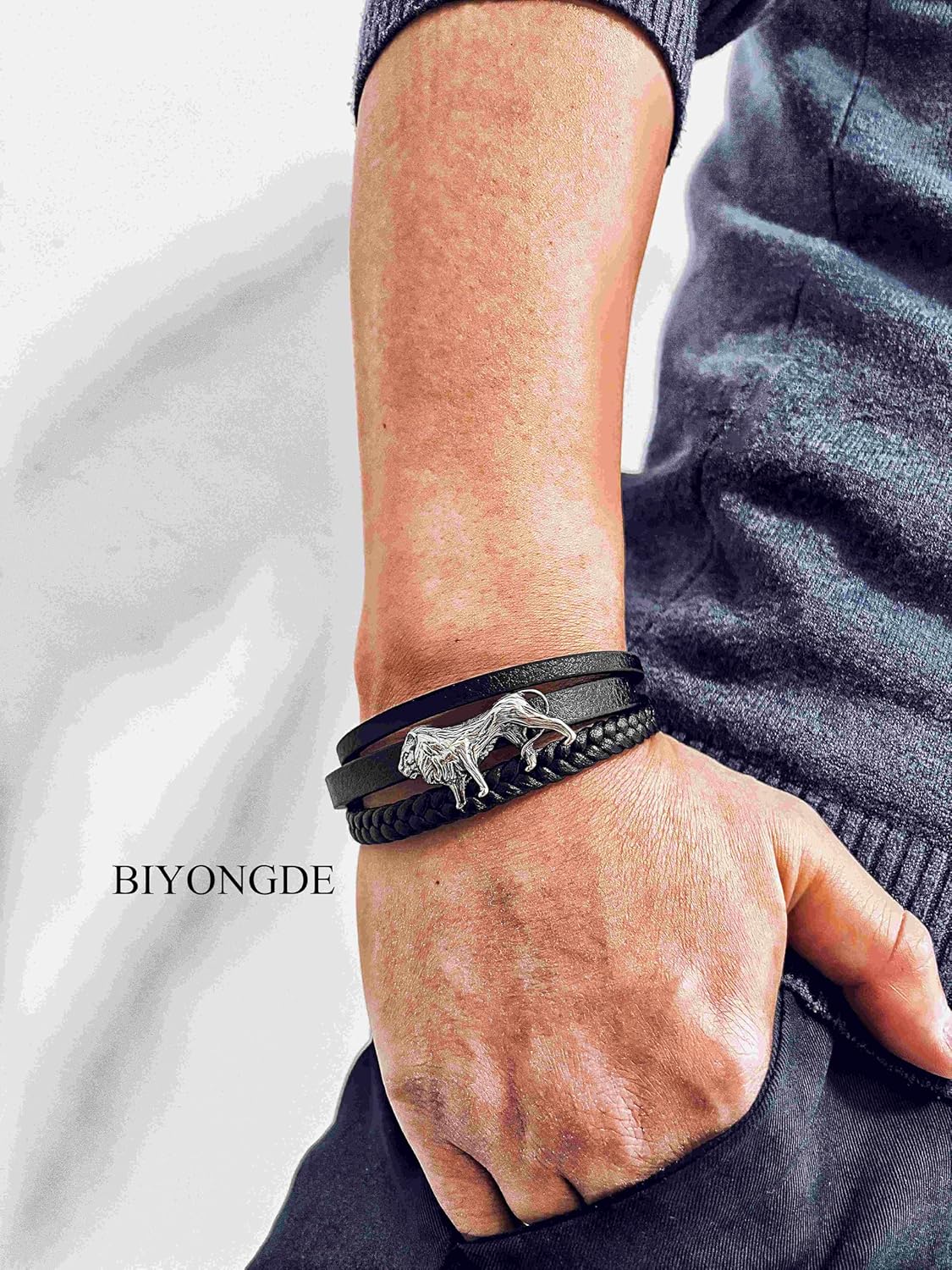 Mens Black Leather Lion Bracelet, Animal Theme Braided Multi-strand Black Leather Bracelet with Stainless Steel Silver Lion Charm for Men, Classic and Timeless Style - Image 2