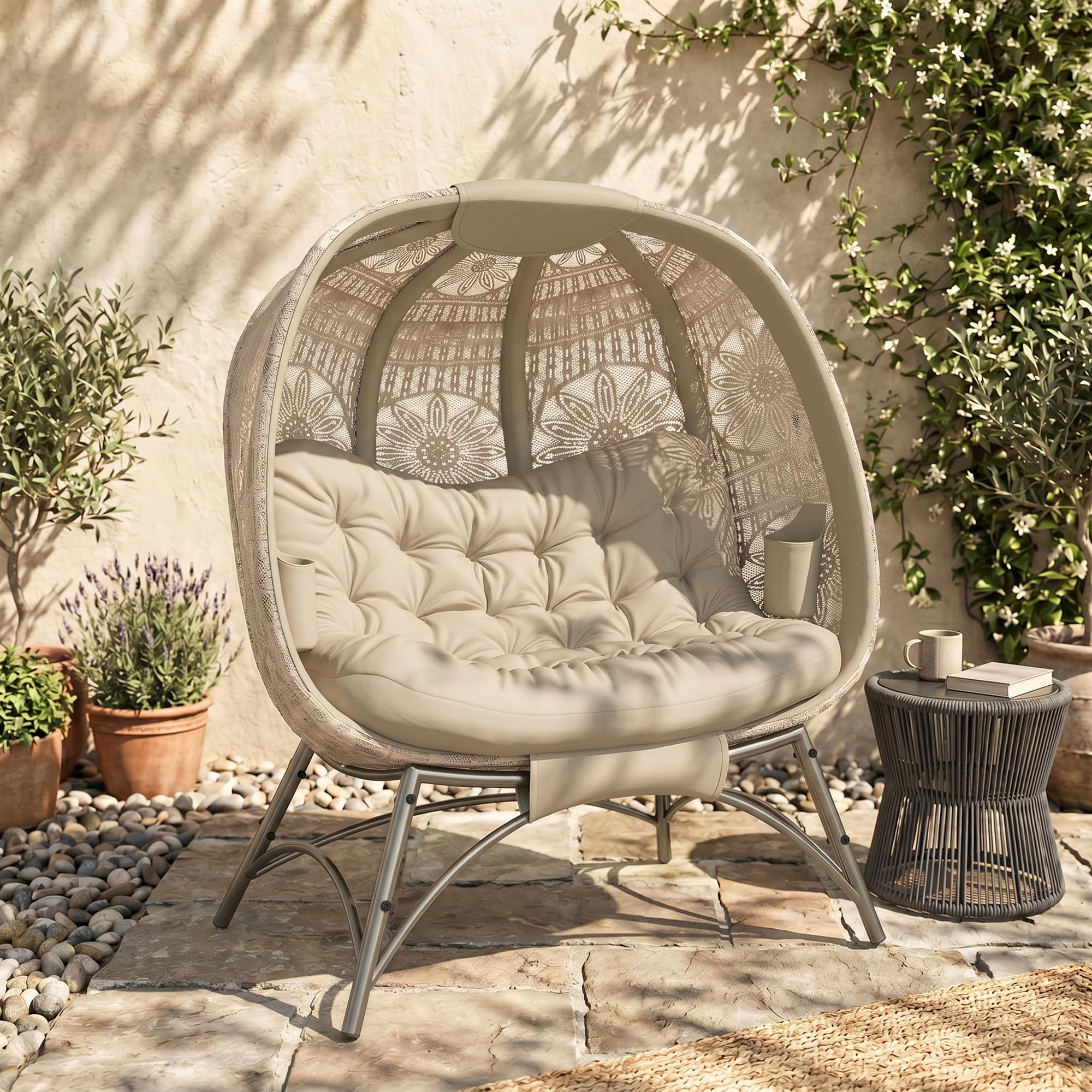 Outsunny 2-osobowy fotel papasan ogrodowy, 126x90x142 cm, piaskowy | Fotel wiklinowy ze składanym koszem, z poduszką, fotel wypoczynkowy do 240 kg, na balkon, taras