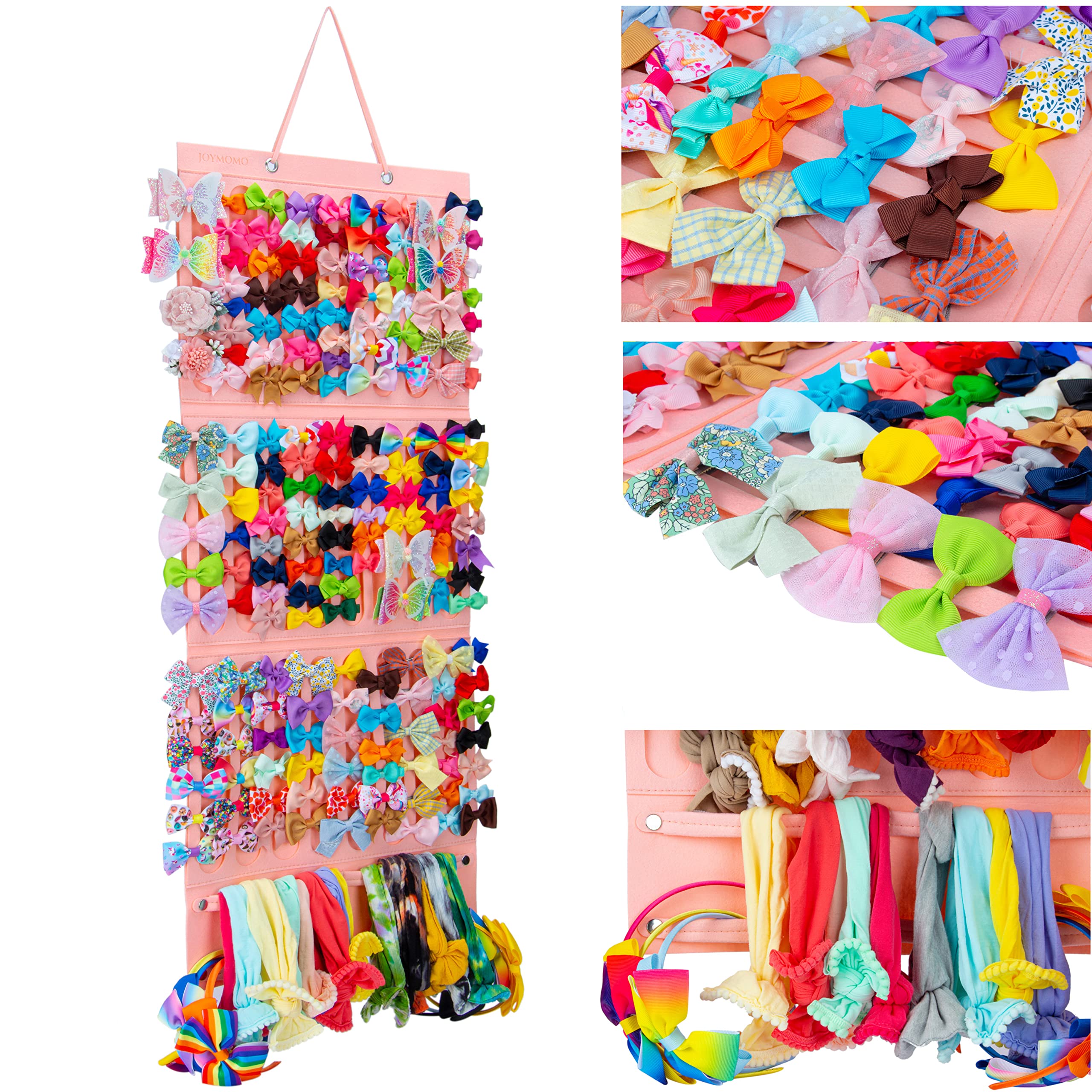 JOYMOMO Girly Pink Hair Accessory Organizer - Holder for Girls' Hair Bows, Clips, Ties & Scrunchies - Foldable Wall Mount Storage Caddy