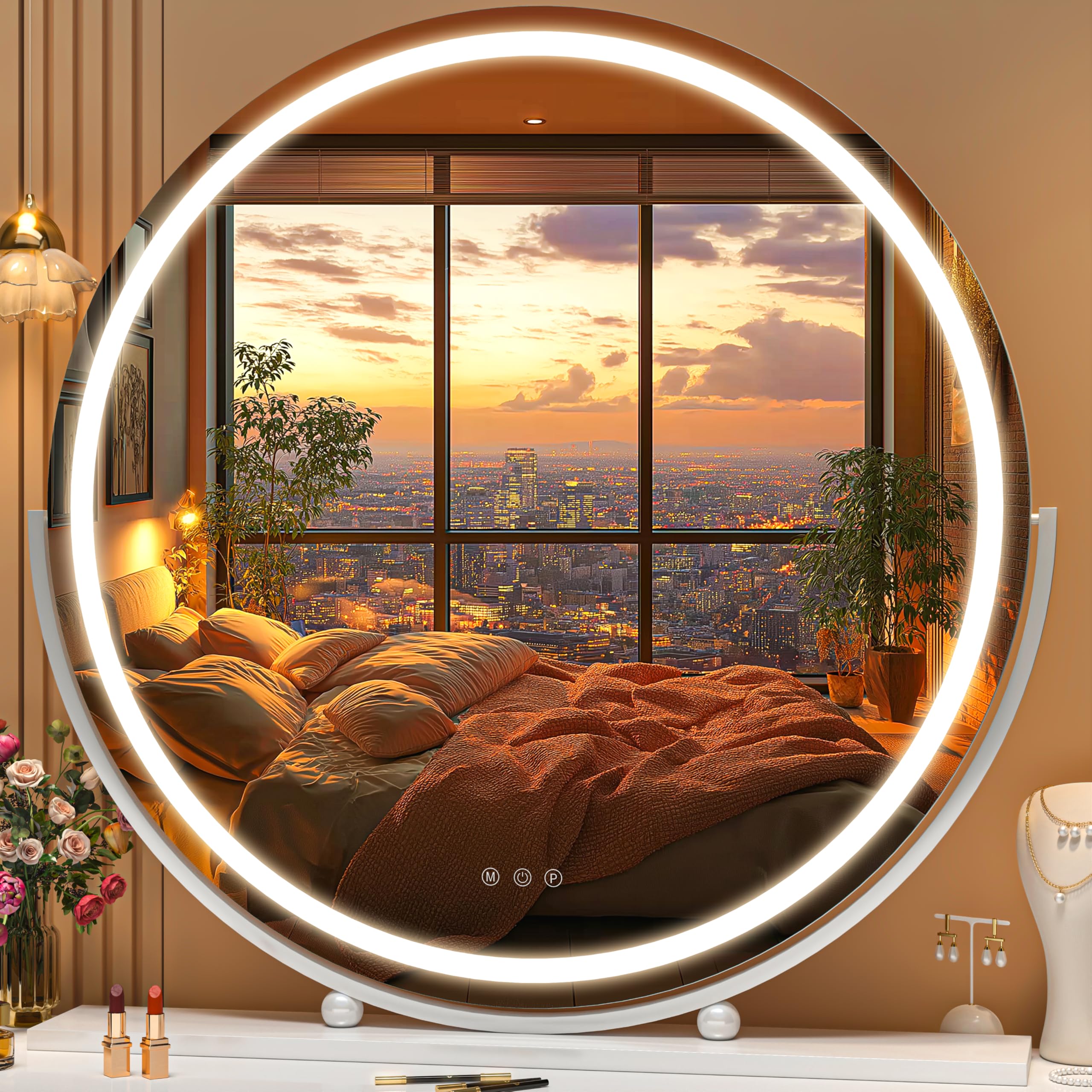 Hasipu Vanity Mirror with Lights, 70 x 70cm LED Makeup Mirror, Lighted Makeup Mirror with Lights, Smart Touch Control 3 Colors Dimmable Round Mirrors 360°Rotation White