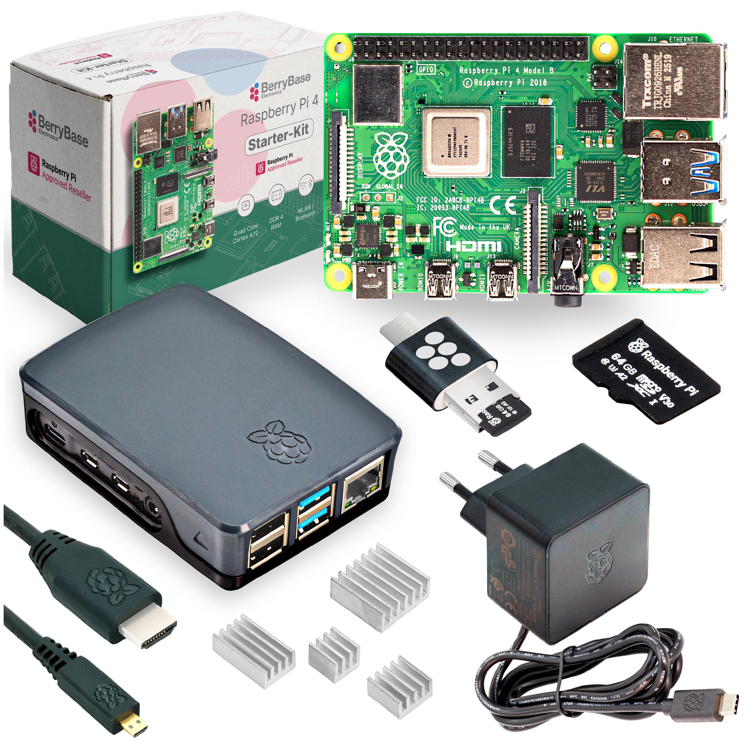 Raspberry Pi 4 Starterkit (1GB RAM) Komplett-Set von BerryBase, MicroSD-Karte mit Raspberry Pi OS, offizielles Gehäuse, 15W USB-C Netzteil, Micro-HDMI-Kabel, Kühlkörperset