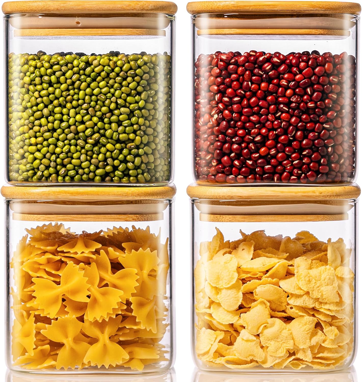 27oz - 4 Pack Square Glass Jars with Bamboo Lids, Glass Food Storage Containers with Airtight Lids for Kitchen, Air Tight Pantry Storage Containers for Cereal, Pasta, Rice, Sugar, Coffee, Spice 27oz 4 Pack