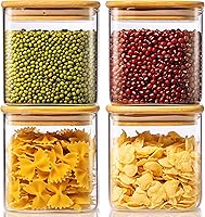 Vista 8 de Tamaño múltiple - Juego de 5 frascos cuadrados de vidrio con tapas de bambú, recipientes de vidrio para almacenamiento de alimentos con tapas