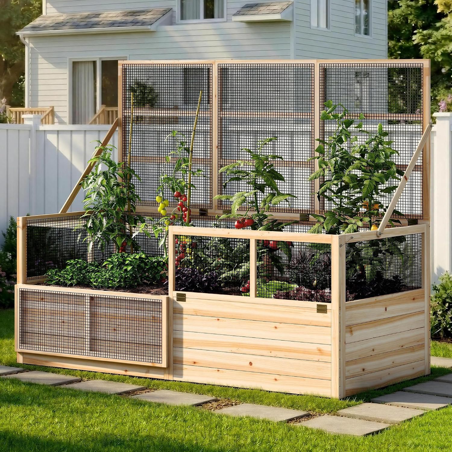 AMERLIFE Raised Garden Bed with Fencing and Trellis,18" Planting Depth