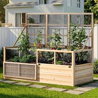 Wood Planter Box with 2 PCS Flip-up Front Panel, Easy Assembly, Ideal for Seed Starting and Growing Vegetables & Fruits AMERLIFE Raised Garden Bed with Fencing and Trellis,18" Planting Depth