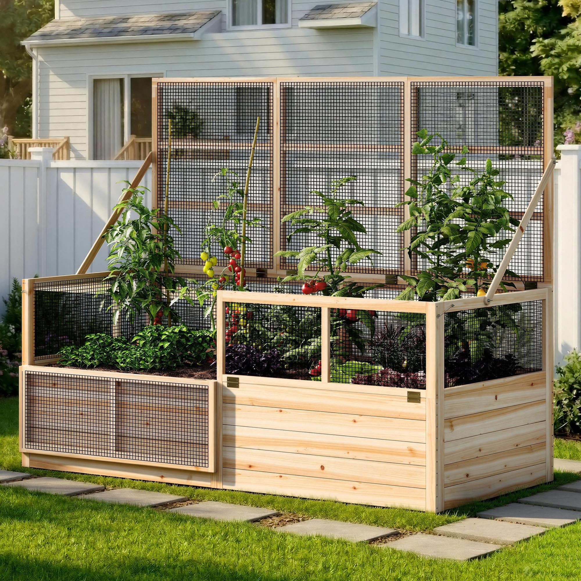 AMERLIFE Raised Garden Bed with Fencing and Trellis,18" Planting Depth