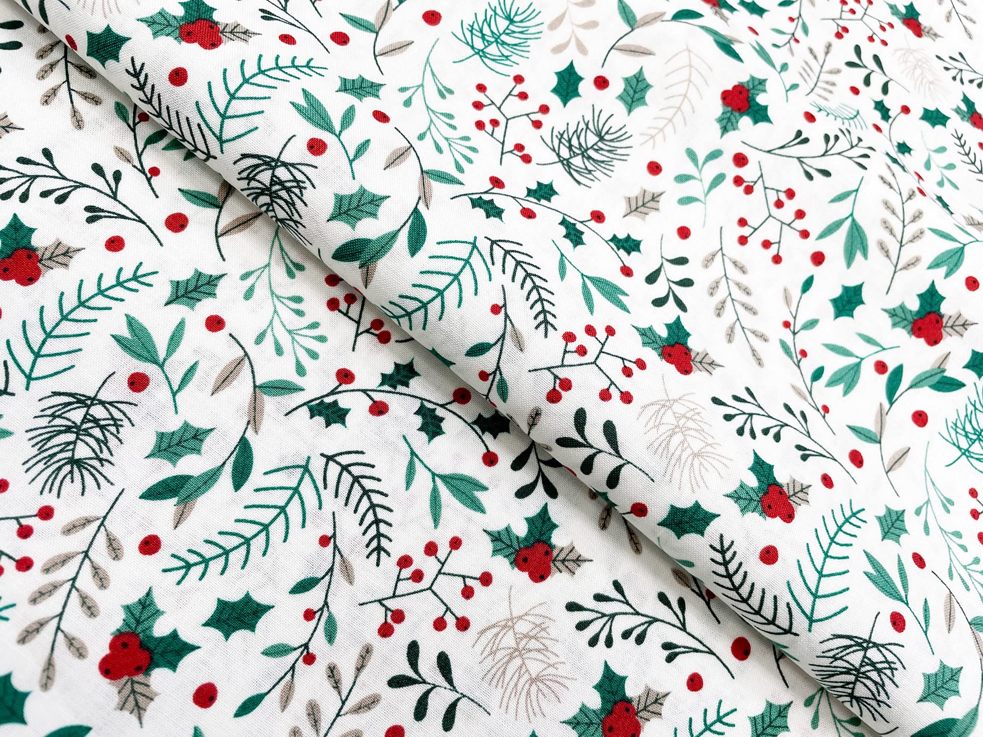 Christmas Fabric - Holly & Red Berries on Ivory - Xmas Craft Fabric Material Metre