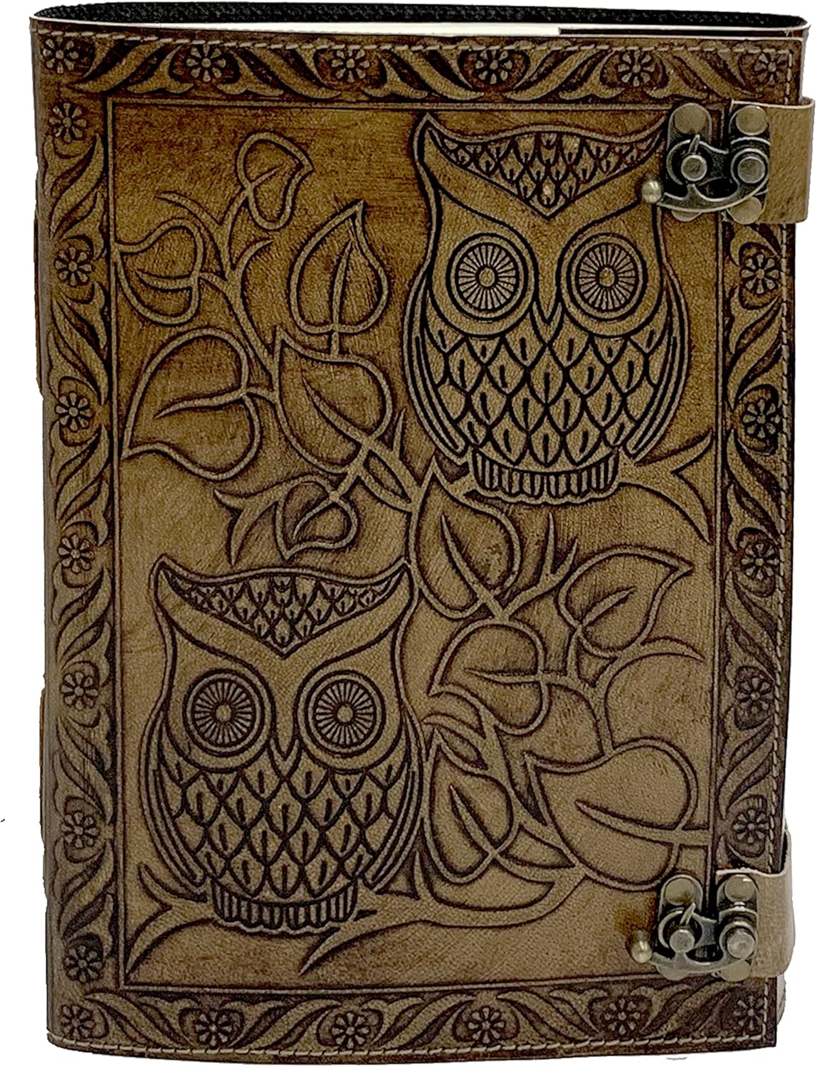 Vintage Owl Embossed Leather Journal with Lock – Handmade Refillable Writing Notebook, Antique Diary Sketchbook, Blank Handmade Paper, Travel Journal for Men & Women (Vintage Brown, 10 x 7 Inch)