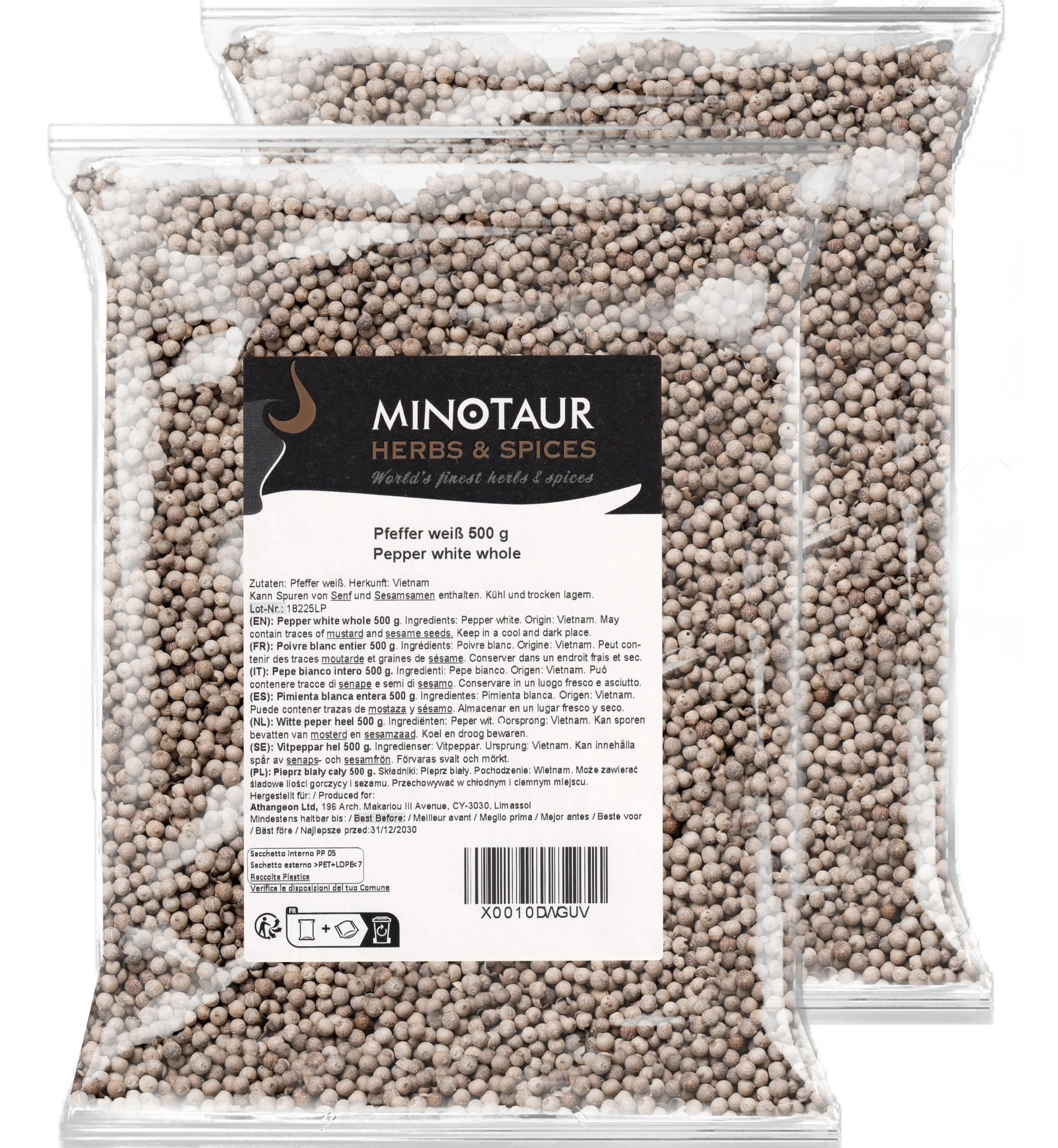 Minotaur Spices | Poivre blanc entier, Poivre blanc en grains, 2 x 500 g (1 Kg)