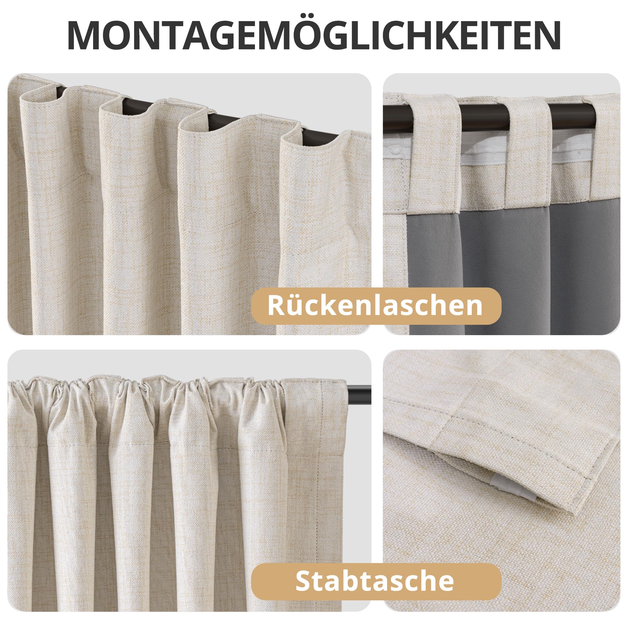 100% Verdunkelungsvorhänge mit verdeckten Schlaufen, Leinen-Optik, 2er-Set Blickdichte Vorhänge Stangendurchzug für Schlafzimmer oder Wohnzimmer – H245 x B140 cm, Creme