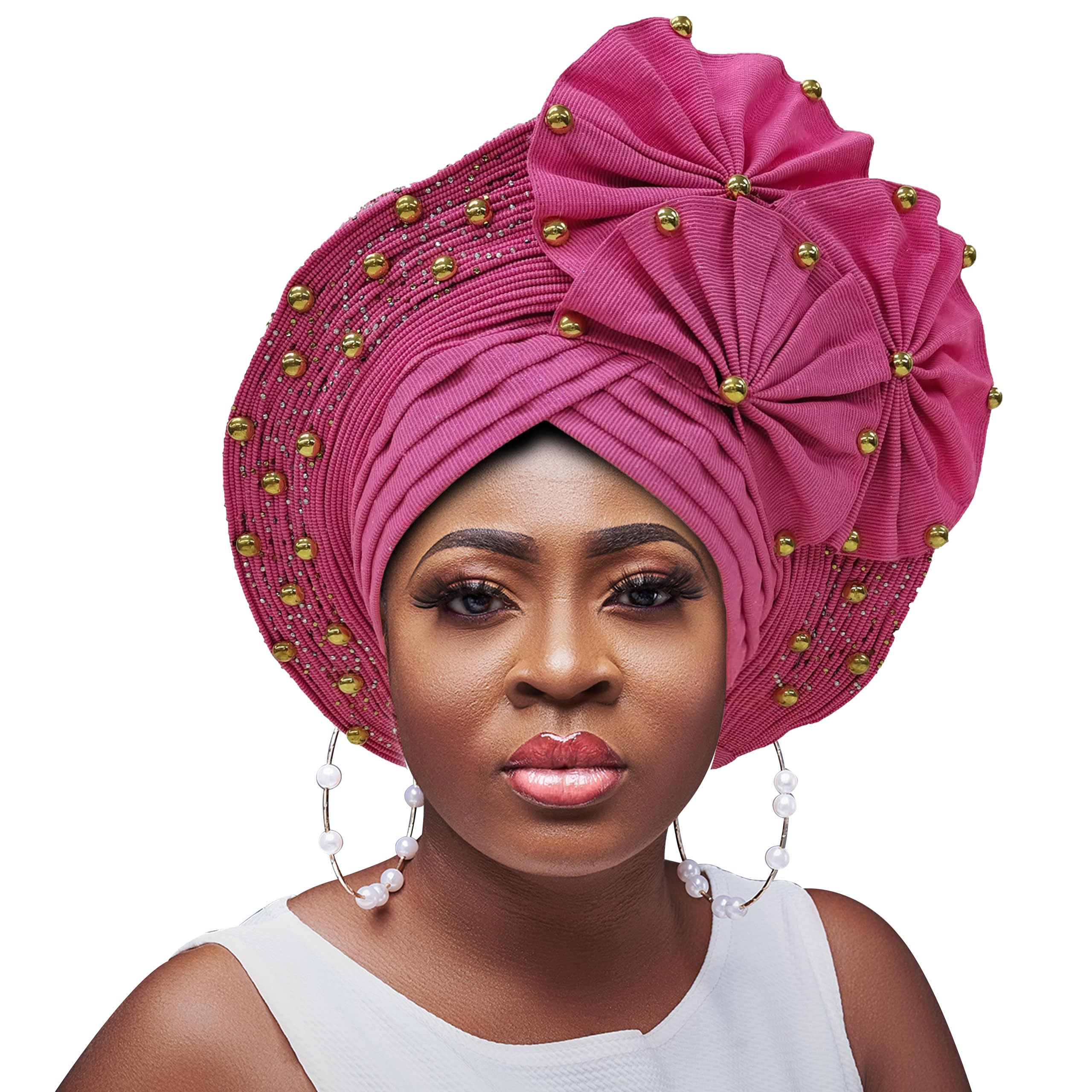 QliHut Nigerian Gele Headties With Beads And Stones African Headtie Women Head Wrap Already Made Auto (Pink,1)