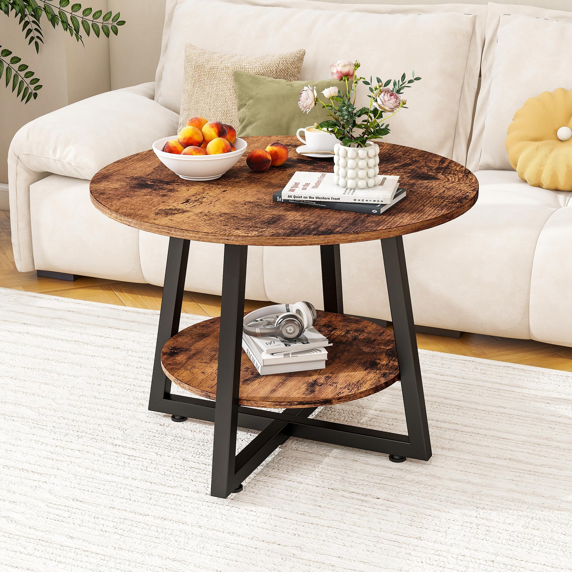 FOUBAM Round Coffee Table with Storage Shelves,2-Tier Circle Small