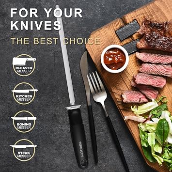 Knife Sharpener Rod [Original] - Carbon Steel Professional Knife Sharpening Steel, Honing Rod for Kitchen Knives | Ergonomic Large Soft-Touch Handle with Hanging Hole | 14-inch Black