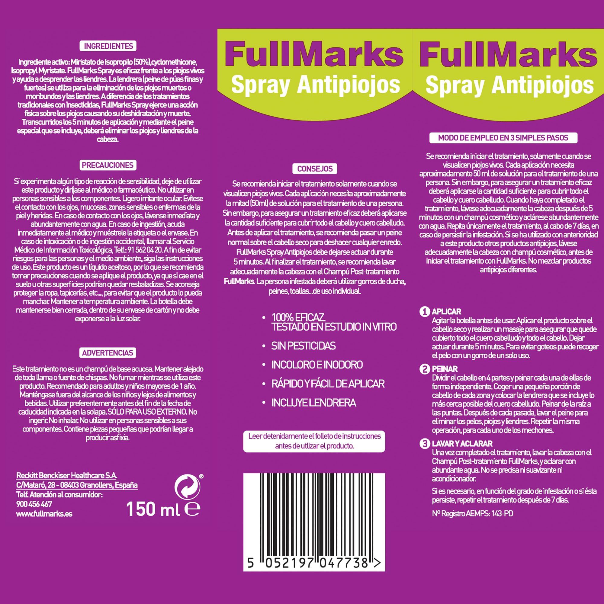 Full Marks Spray Antipiojos para Niños con Lendrera Metálica, Sin Pesticidas, Inoloro e Incoloro - Spray 150 ml