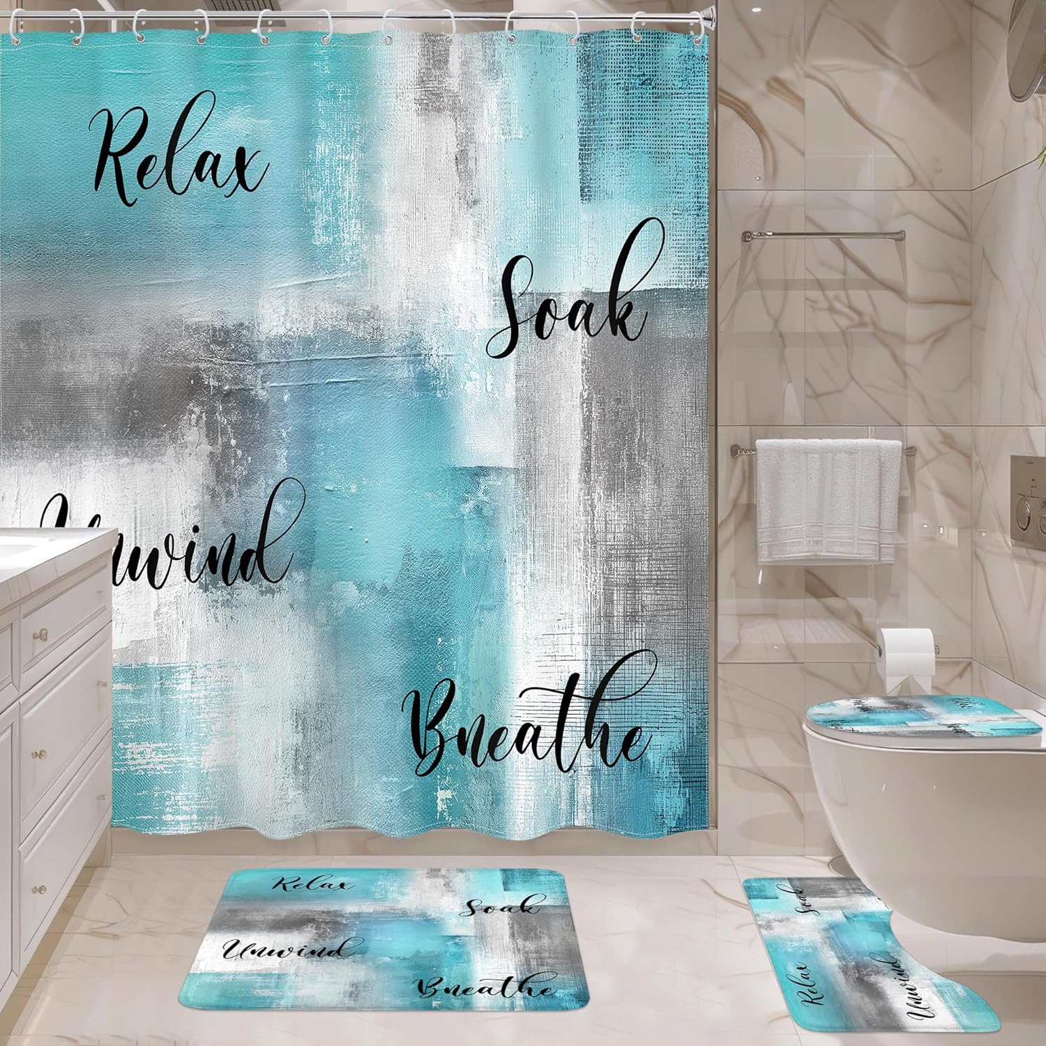 4 PCS Teal Blue Abstract Bathroom Set with Shower Curtain and Rugs 72Wx72H Inch Green Grey Oil Painting Contemporary Bath Rug Toilet Lid Cover and U Shape Mat Accessories 12 Hooks Bathoom Decor