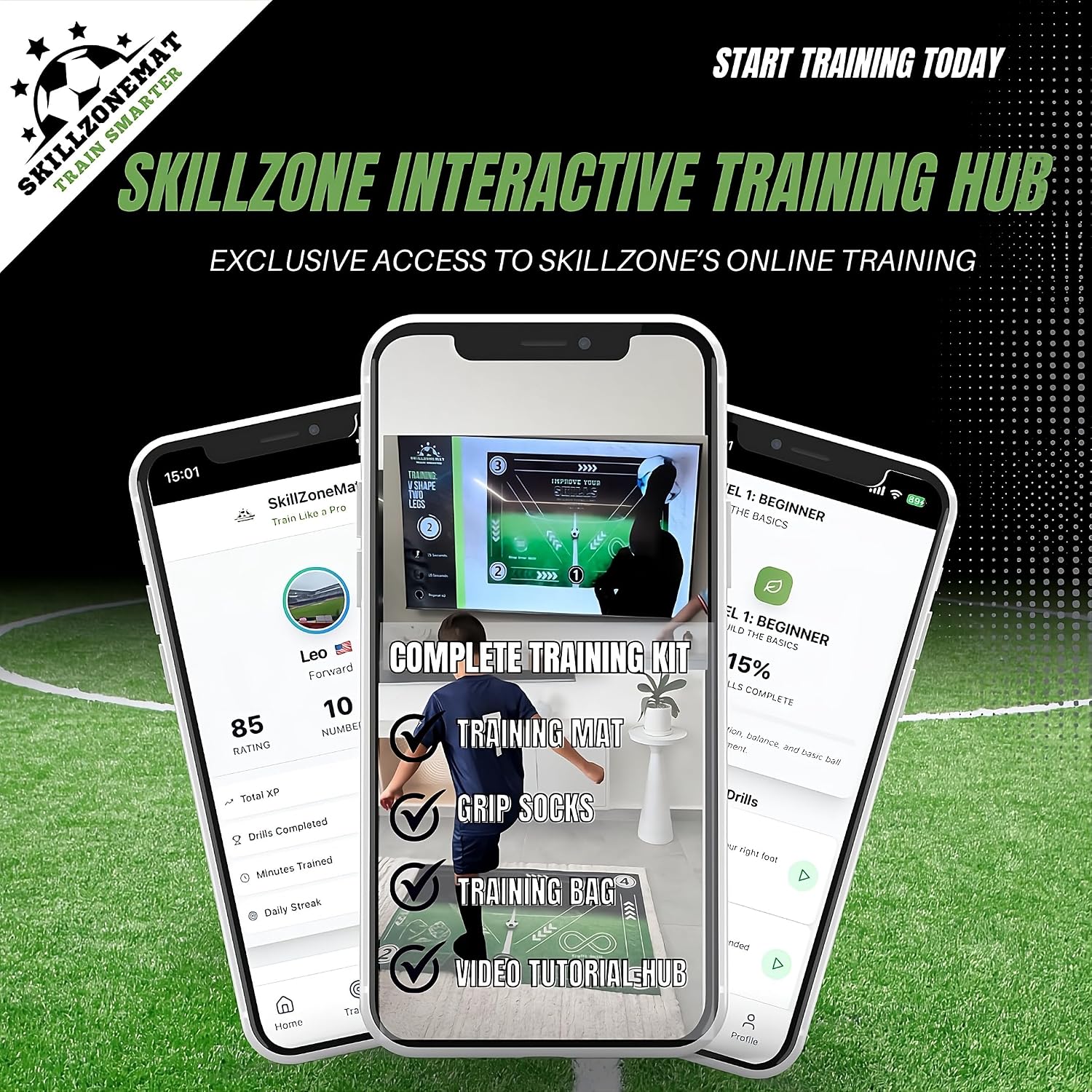 SkillZone Soccer Training Mat – Soccer Dribbling & Footwork Trainer with SkillZone Interactive Training Hub | Soccer Skills & Ball Control Practice for Kids & Teens | Indoor & Outdoor Agility & Coordination Training System (MIdnight Strike - Essential Kit)