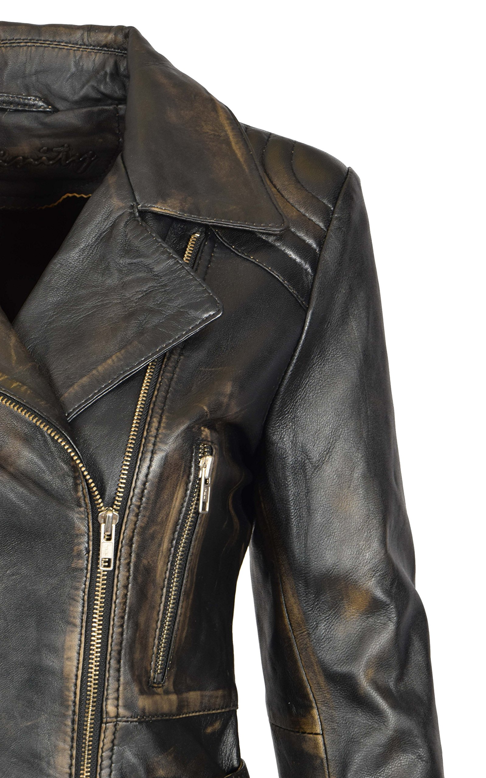A1 FASHION GOODS Damen Biker Lederjacke SCHWARZ Vintage Abreiben Slim Fit Taille Gürtel Mantel - Coco