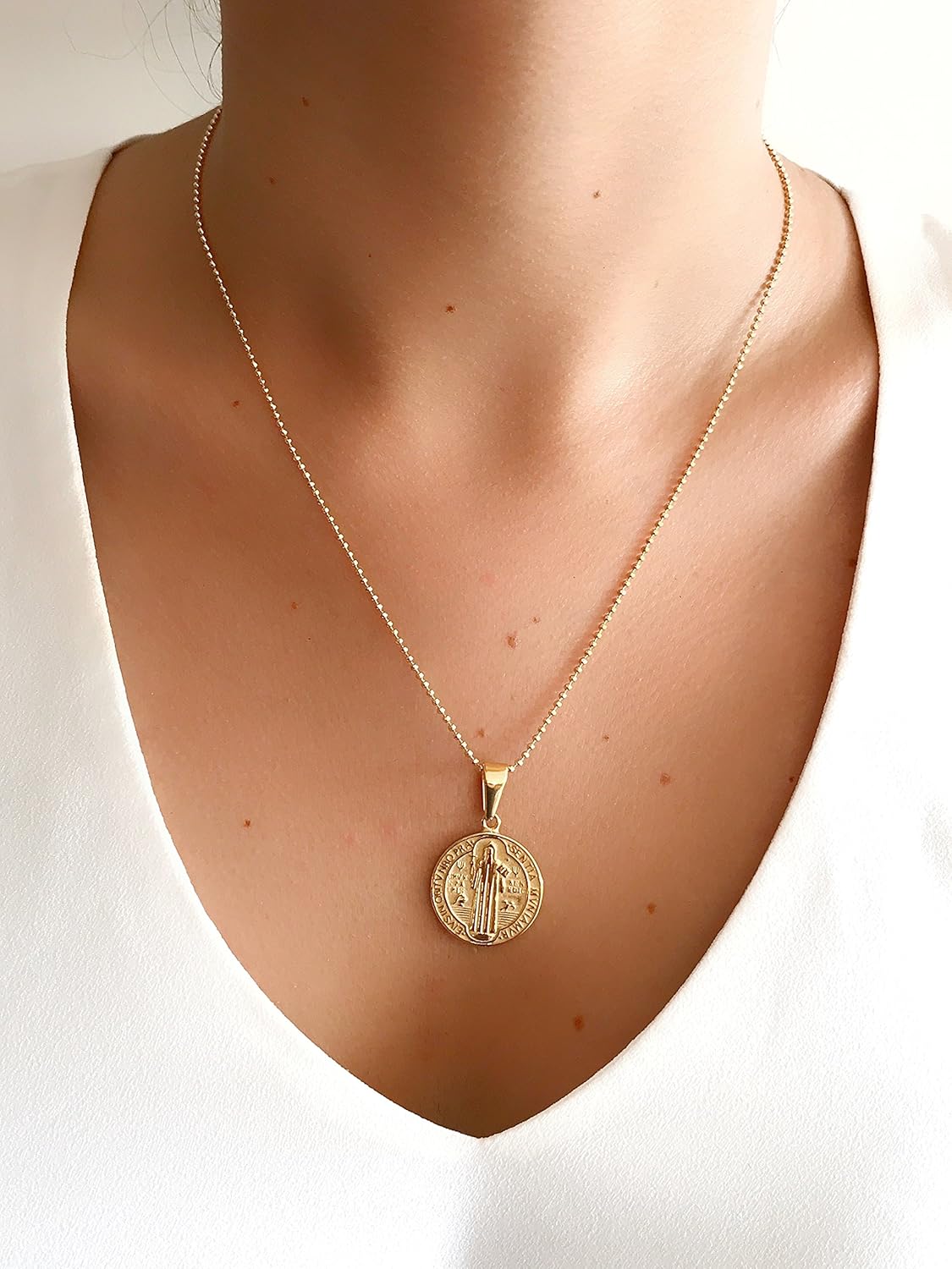 LESLIE BOULES Gold Saint Benedict Protection Medal 18K Plated Chain Necklace Religious Jewelry - Image 4