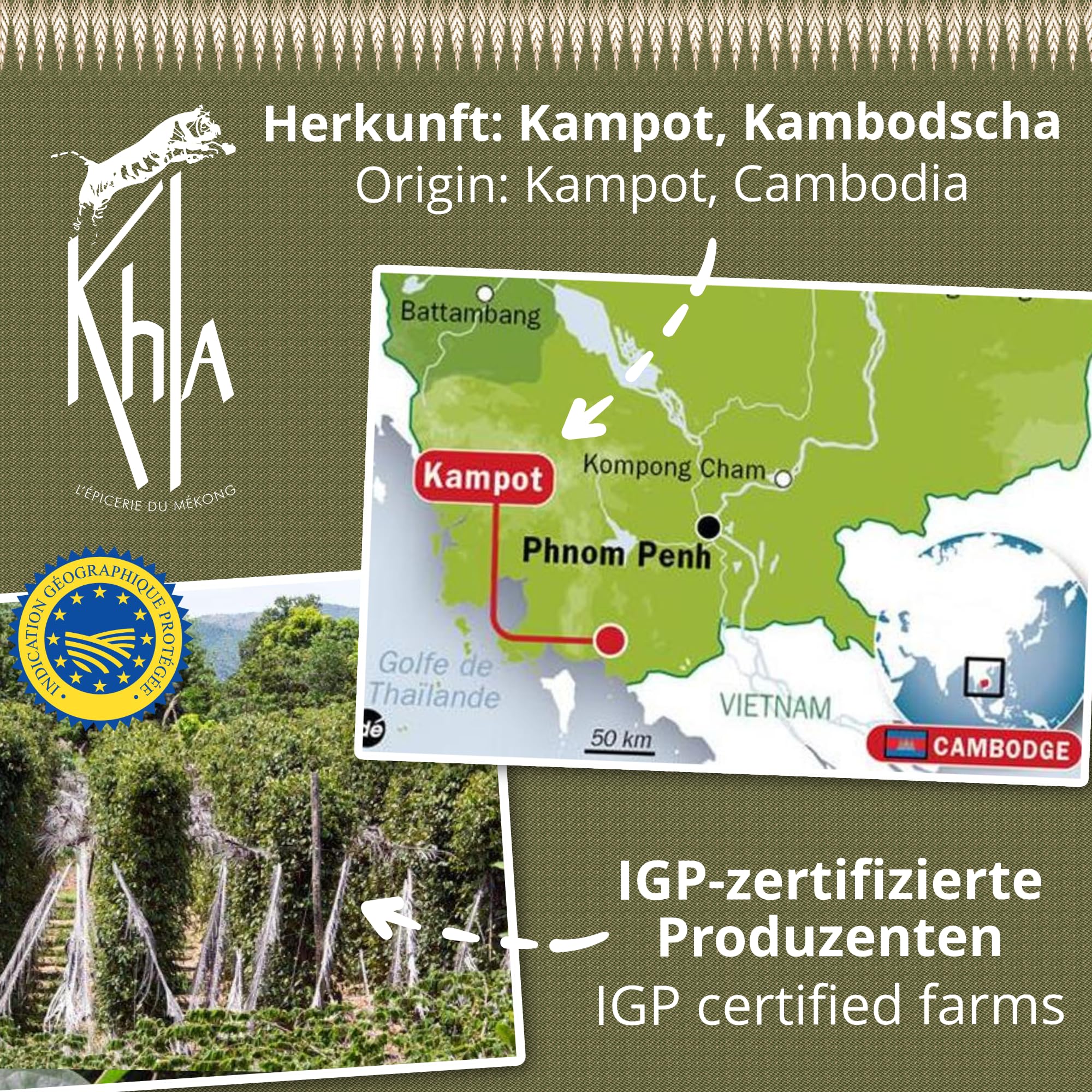 Khla - Grüner Kampot Pfeffer 500g - Frische Ganz Pfefferkörner - Bio-Zertifiziert - Aromatisch & Kräuterig - Direkt vom Erzeuger - Premium Grün Pfeffer - Snack, Saucen - Herkunft Kambodscha