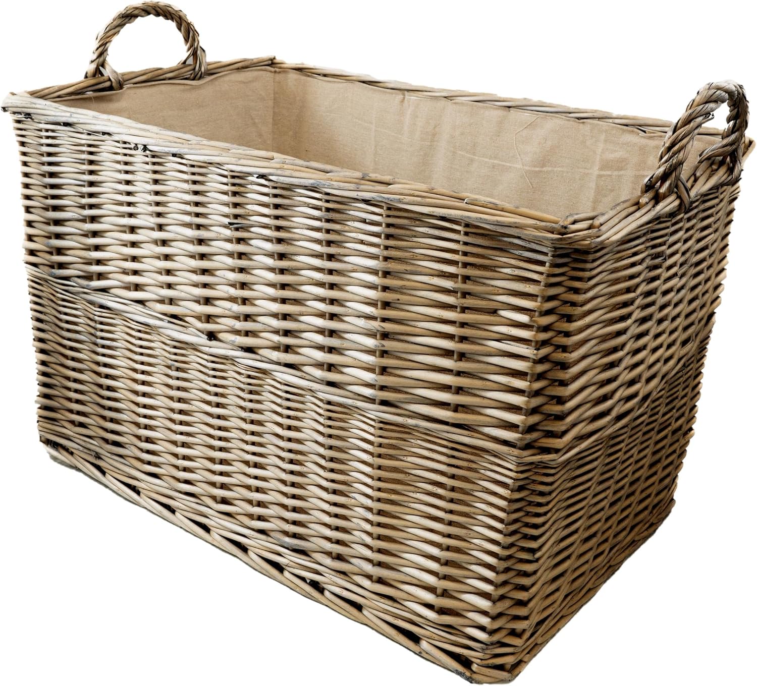 Deluxe Rectangular Wicker Log Basket with Lining and Handles (Large