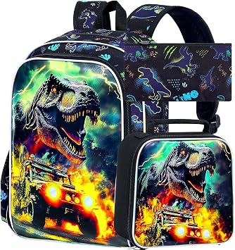 KLFVB 3PCS Kids Dinosaur Bookbag Set, Water Resistant 16 Inch Boys Backpack with Lunch Box for Preschool & Elementary - Off-Road Dinosaur