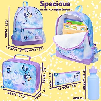 Bluey Backpack Set 4 Pcs Water Bottle Pencil Case School Bag Swim or Lunch Bag Nursery School Supplies Travel Rucksack Set Butterfly