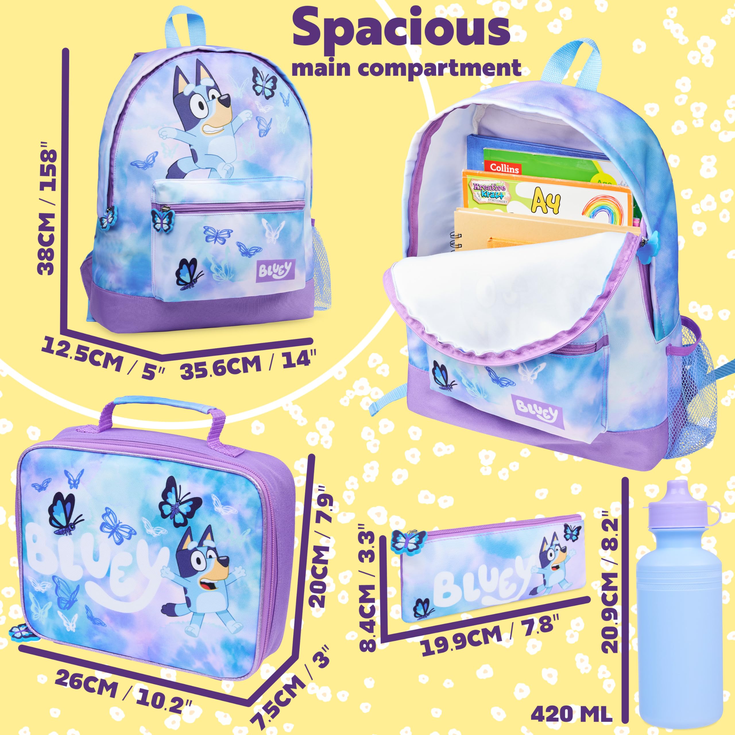 Bluey Mochilas Escolares Set de Mochila Escolar Guarderia 4 Piezas con Botella Agua Estuche Escolar Bolso Deporte o Bolsa Almuerzo Mariposa