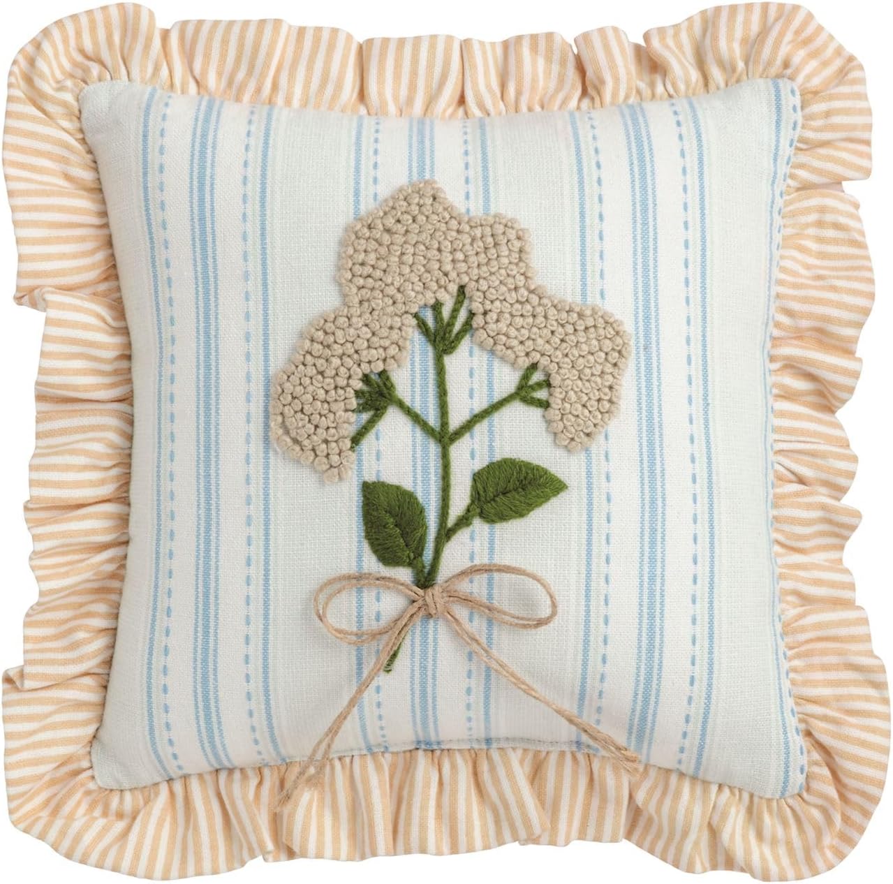 Mud Pie Blue Stripe Embroidered Floral Pillow