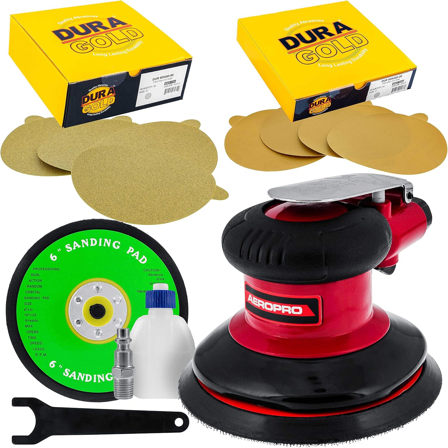 Bundle with TCP Global Professional Heavy Duty 6" Dual-Action Random Orbit Air Palm Sander with Both PSA and Hook & Loop Backing Pads & 80/320 Grit 6" Gold PSA Self Adhesive Stickyback Sanding Discs