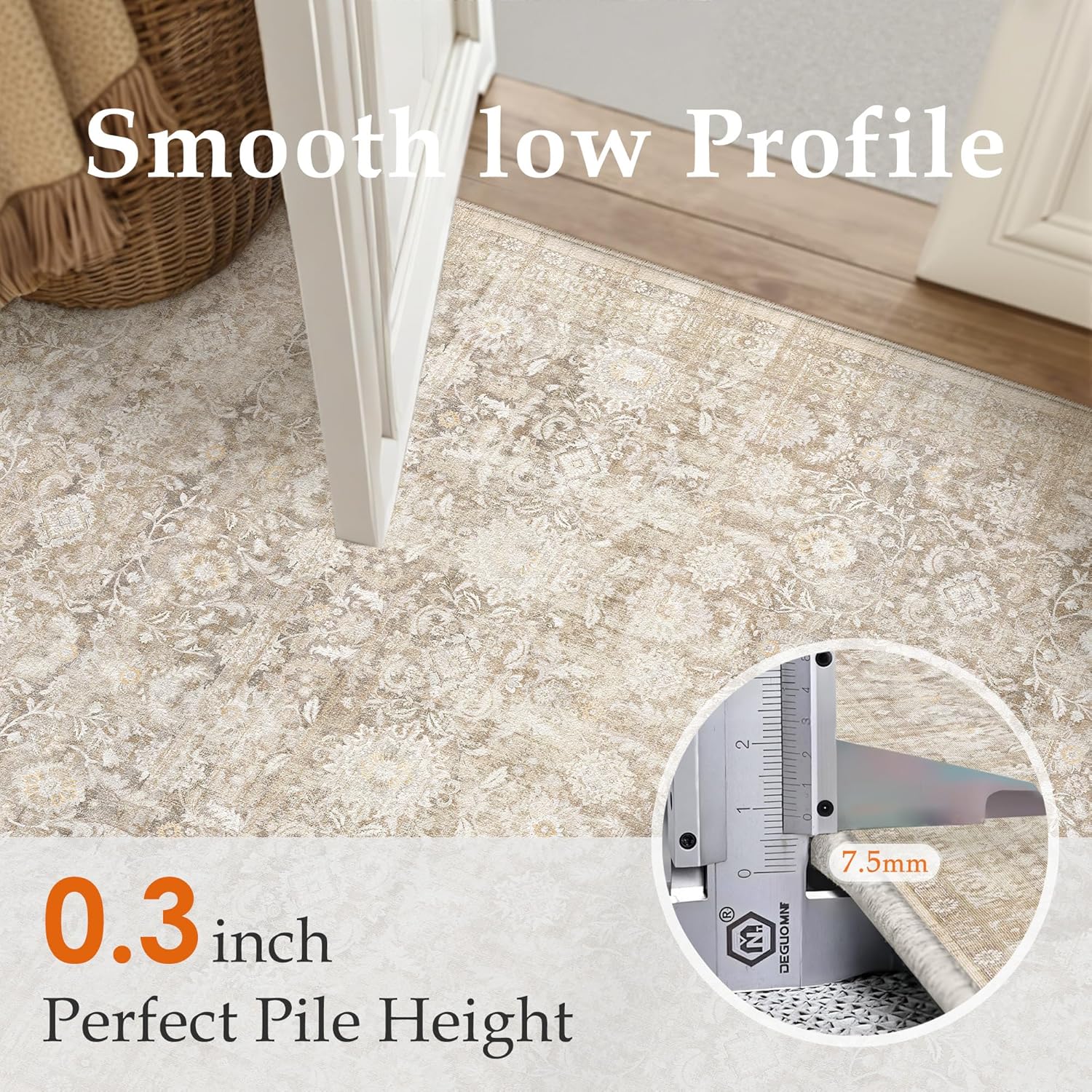 8x10 Beige Washable Neutral Area Rug Living Room Floral Non Slip Low Pile Large Rug Vintage Traditional Stain Resistant Distressed Carpet Bedroom Dining Room Office Playroom