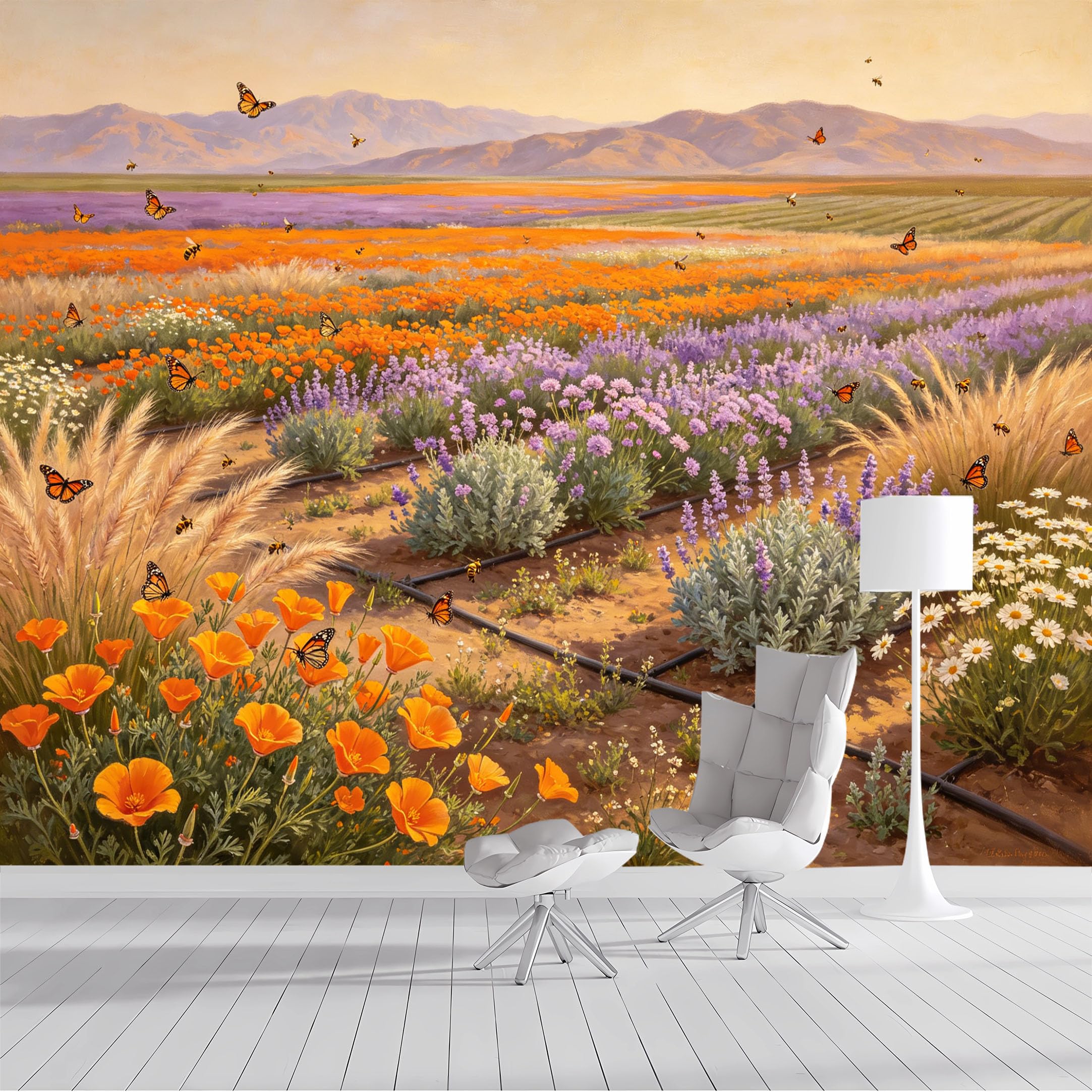 Custom Size Wall Mural Poppy Field Lavender Butterfly Bee Landscape Oil Painting SelfAdhesive Wall Fabric Removable Peel and Stick Wallpaper Wall Decor for Living Room Bedroom Bathroom