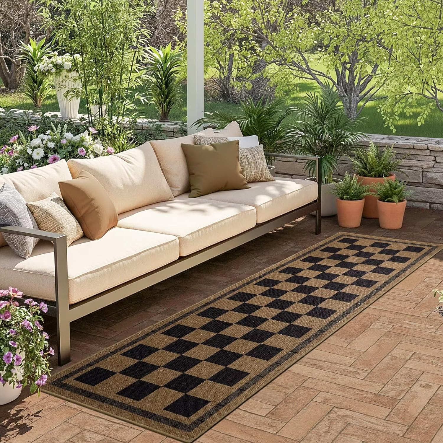 Vasofe 2x6 Jute Checkered Rugs, Outdoor Runner, Runner Rug for Hallway, Washable Patio Porch Balcony Runners Indoor Bedroom Kitchen Laundry Mat, Non Slip Plaid Farmhouse Carpet, Black and Brown