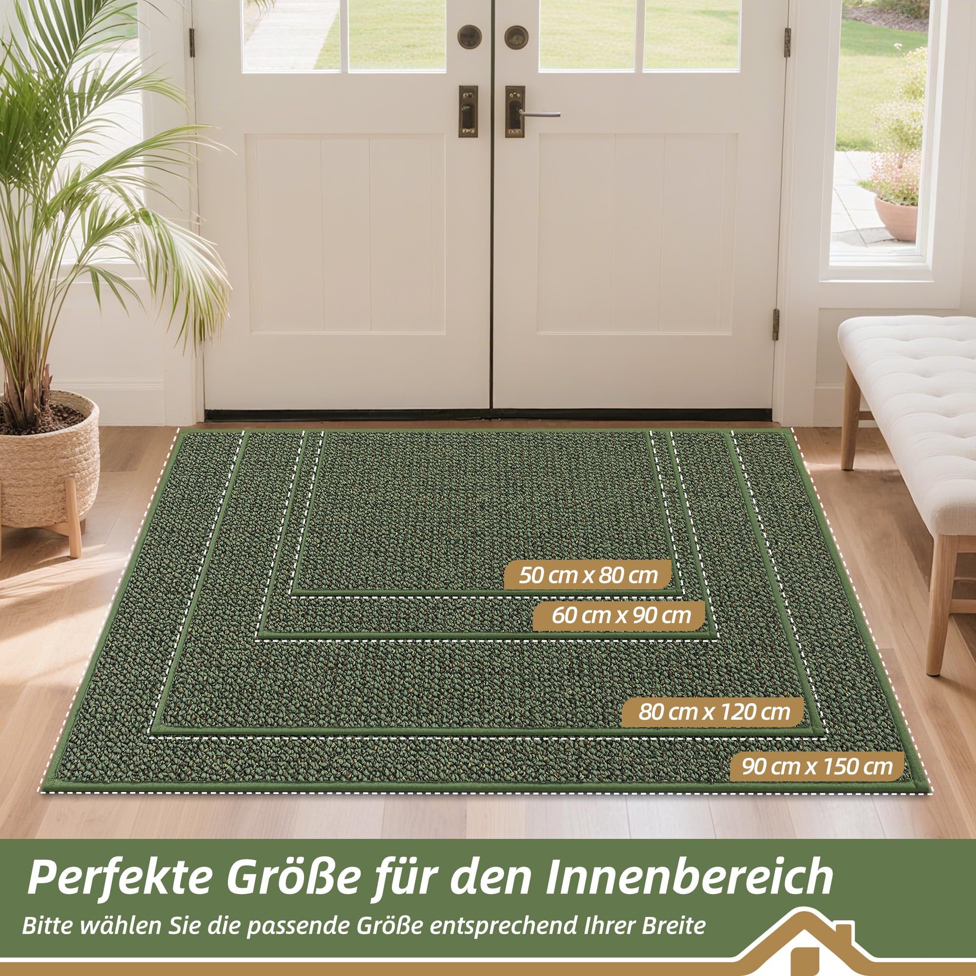 BEQHAUSE Fußmatte Innen, rutschfest und Waschbar, 90 x 150 cm, Grün | Schmutzfangmatte für Front Hintertür, Eingang, Flur, Niedriges Design, Haustierfreundlich, Polypropylen