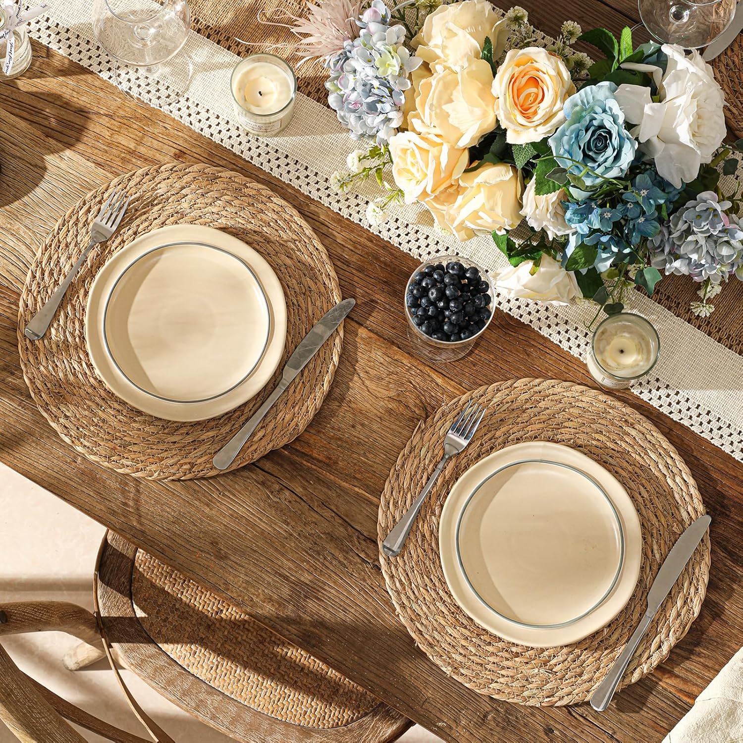 13.8'' Round Woven Placemats Set of 12, Boho Rattan Chargers for Dinner Plates, Rustic Wicker Place Mats, Straw Braided Table Placemats, for Dining Table Decor, Wedding, Farmhouse and Outdoor