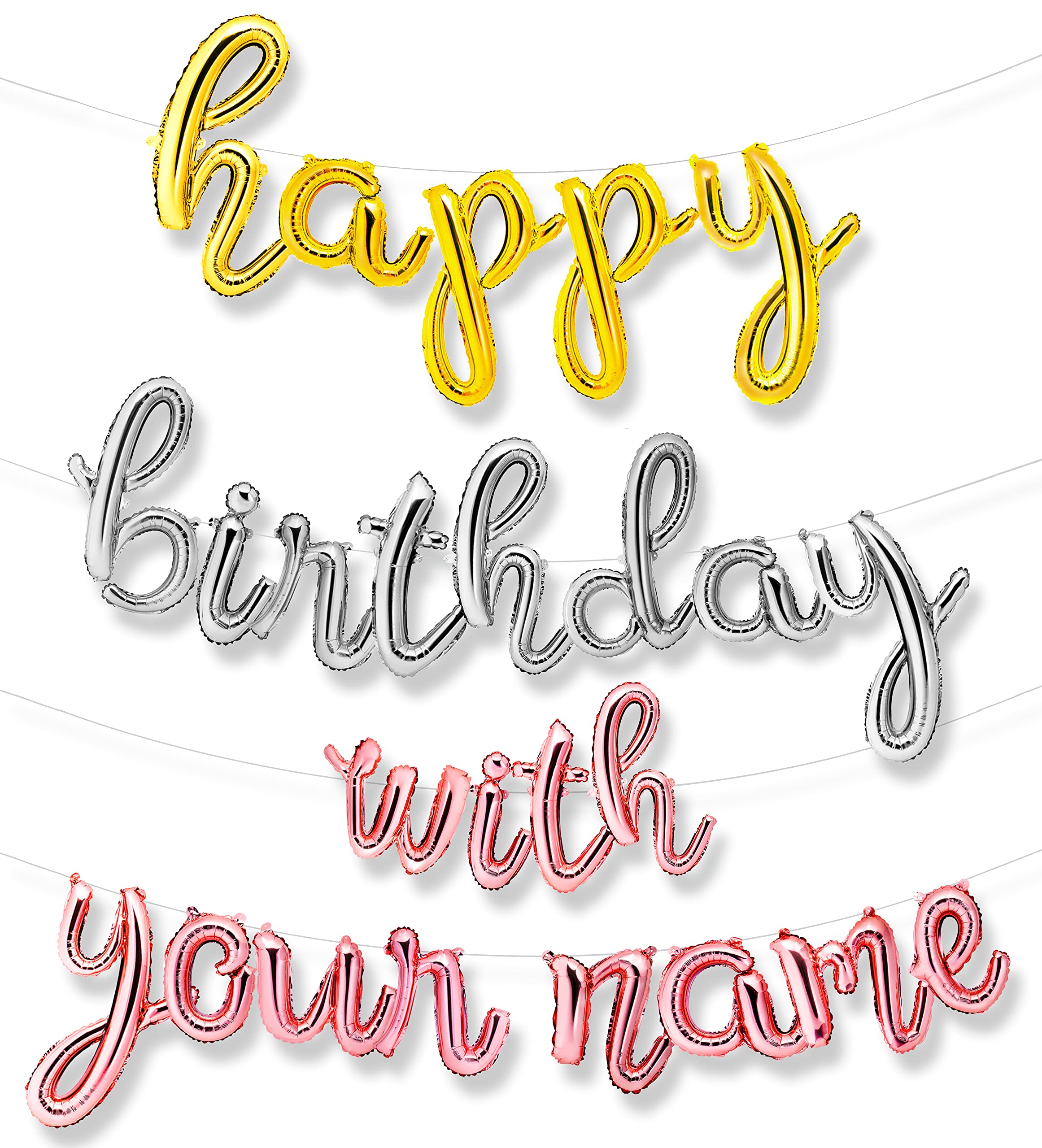 envizins 16 inch Happy Birthday Cursive Script Lowercase Gold, Rose Gold, Silver Letter Foil Balloon Banner, with Your Custom Name or Number, Straw, and 32' Roll Ribbon Included.